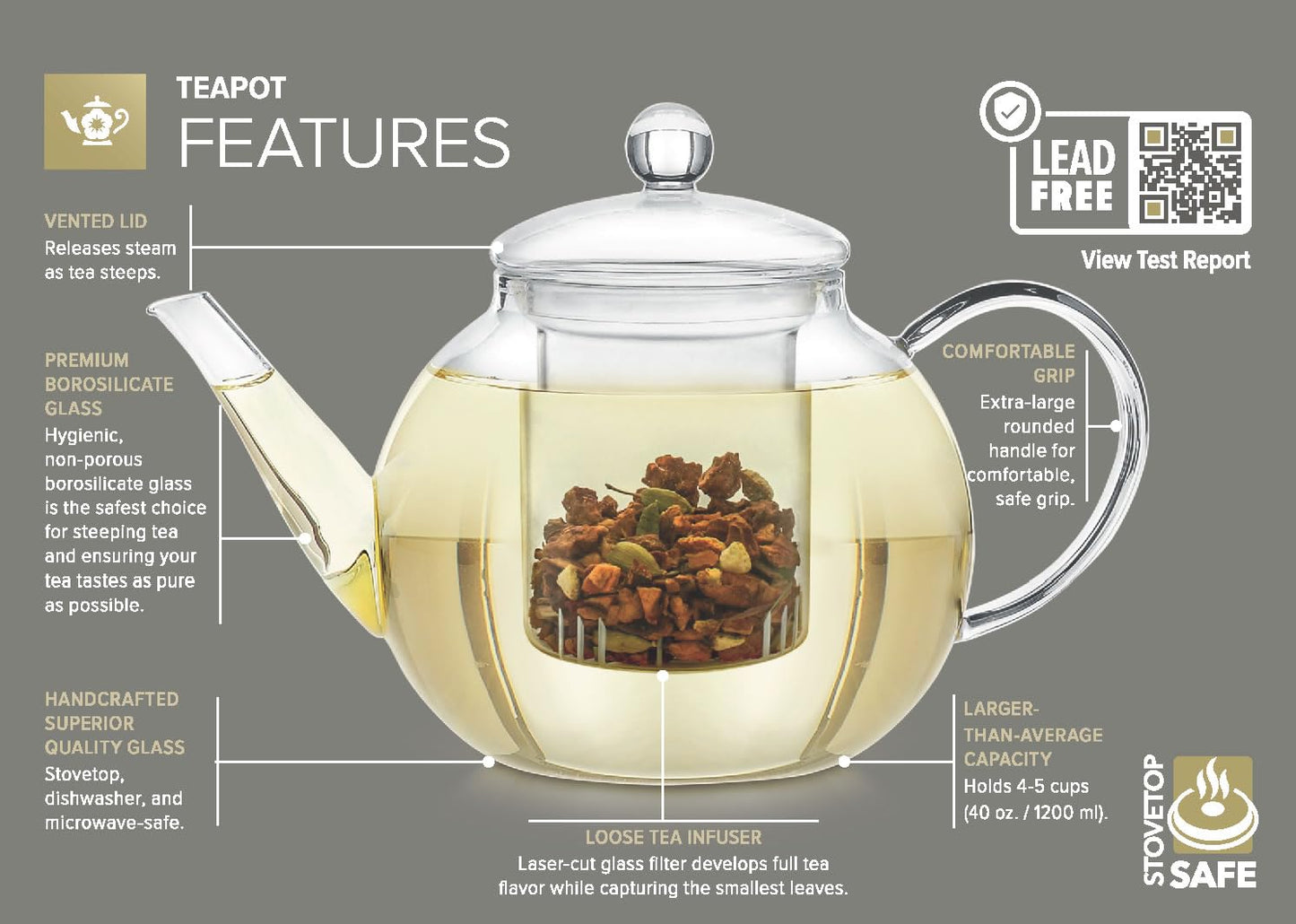 Teabloom Stovetop & Microwave Safe Glass Teapot with Removable Loose Tea Glass Infuser