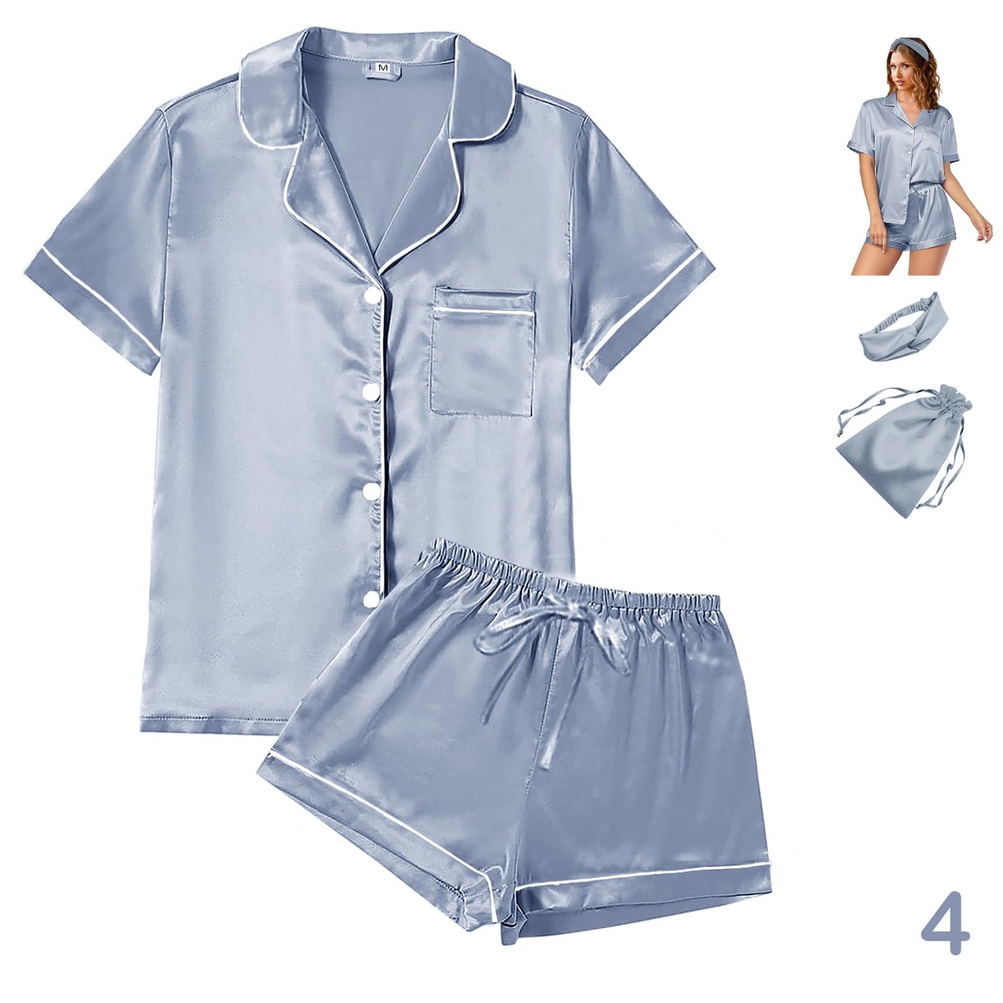 4Pcs Womens Satin Silky Pajama Sets Short Sleeve Shirt