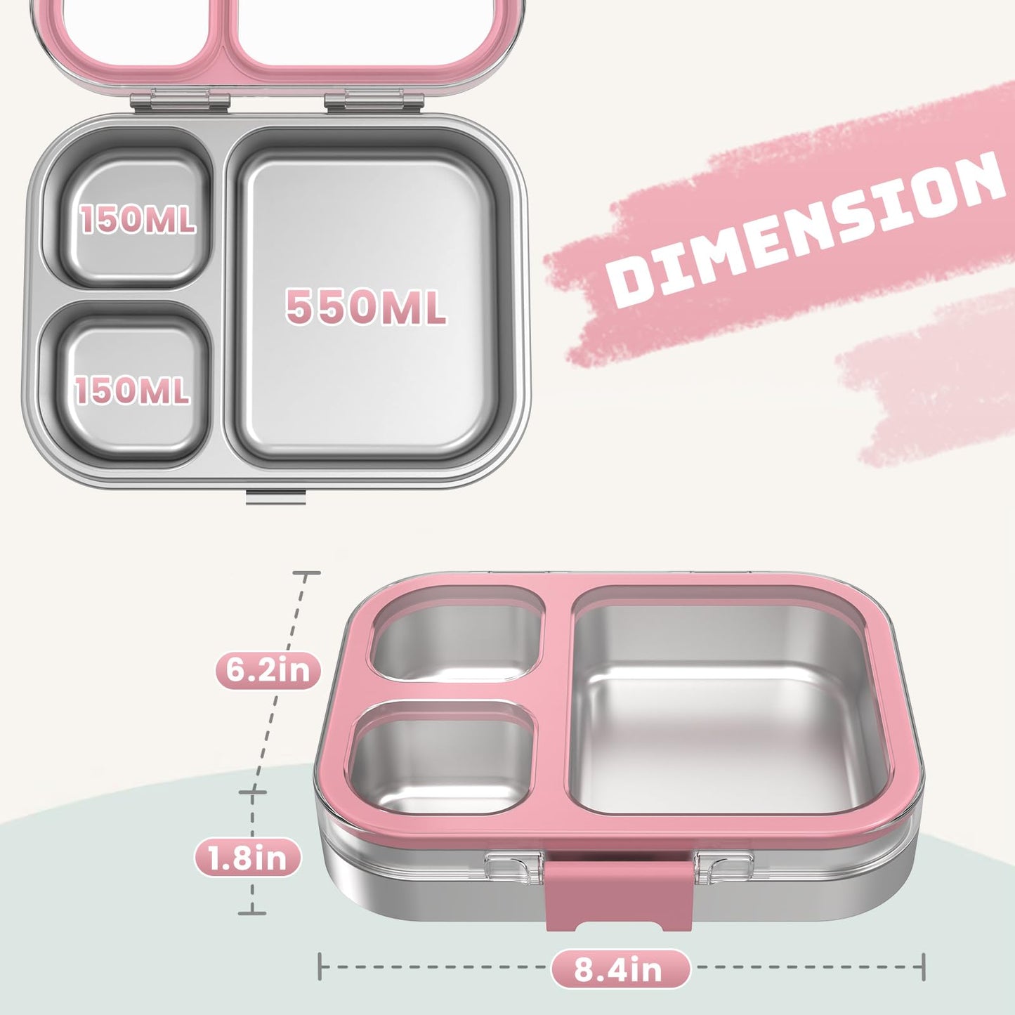 LOHASOK Kids Stainless Steel Bento Box with Silicone Lid Leak-proof Toddlers Lunch Container 3 Compartments Dishwasher Safe Pink