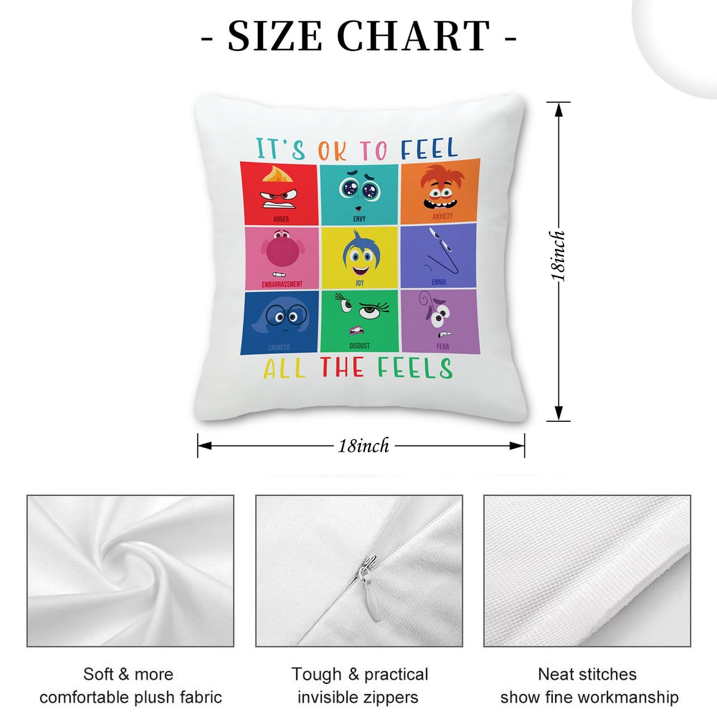 Inside Out 2 Pillow Cover Joy Anger Anxiety Fear Envy Sadness Velvet Throw Pillowcase for Home Bedroom Sofa Office Decor Gift for Child 18"x18"