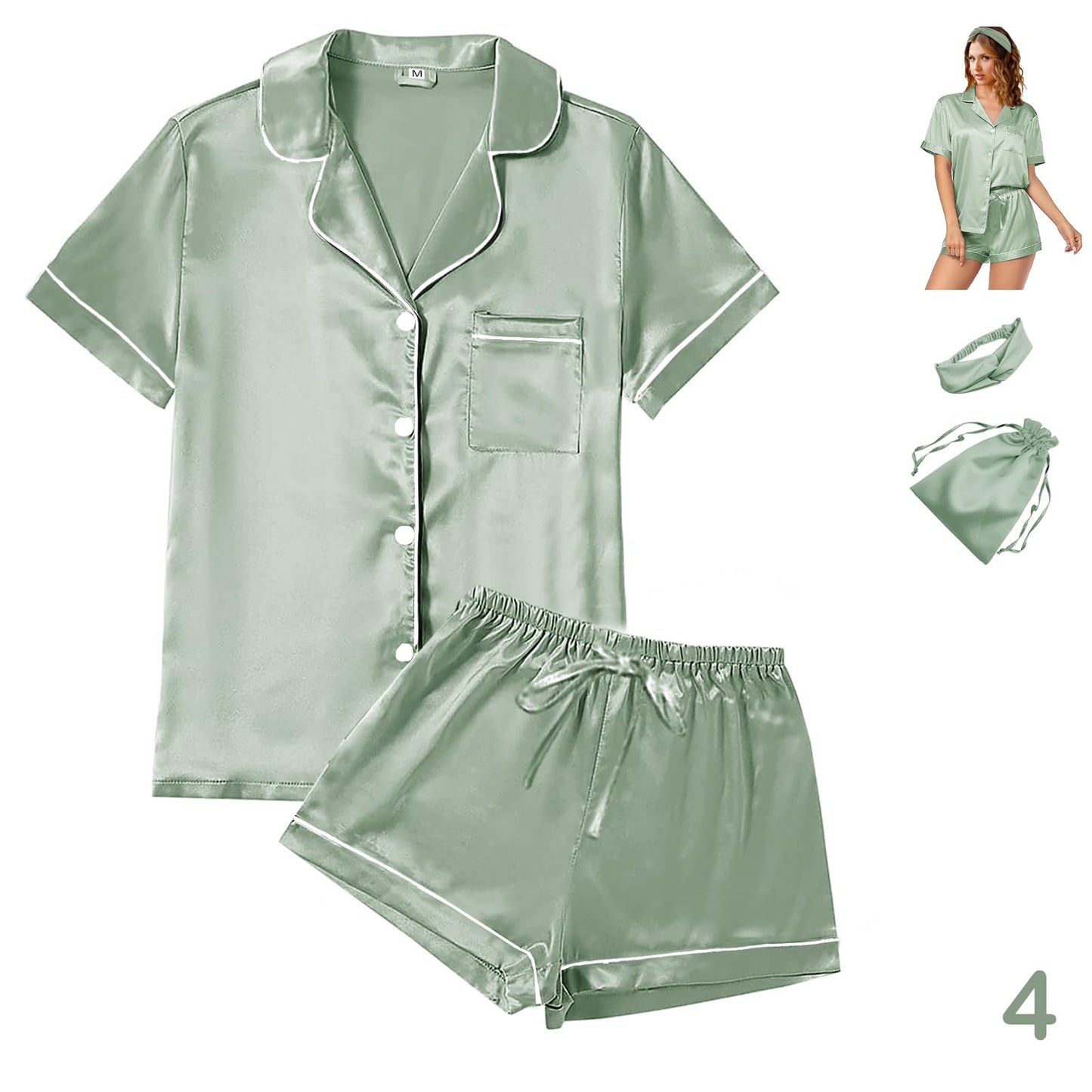 4Pcs Womens Satin Silky Pajama Sets Short Sleeve Shirt