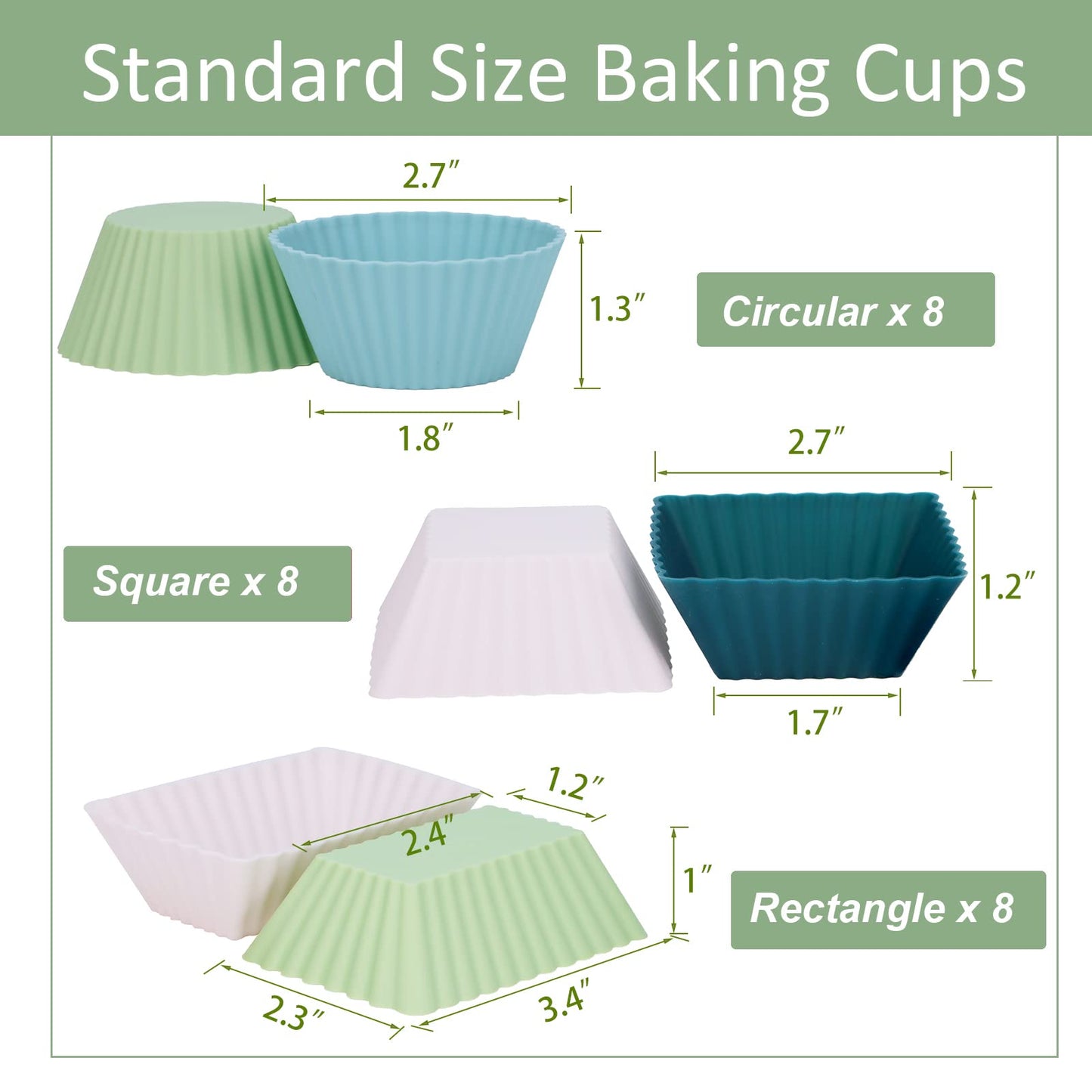24Pack Silicone Muffin Cups, Reusable Cupcake Liners Molds for Baking, 3 Shapes Lunch Box Bento Dividers-Round, Square, and Rectangular (Neutral Colors, Regular Size)