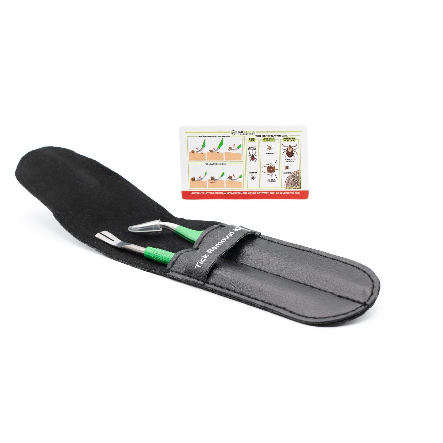TickCheck Premium Tick Remover Kit - Stainless Steel Tick Remover + Tweezers, Leather Case, and Free Pocket Tick Identification Card (1)