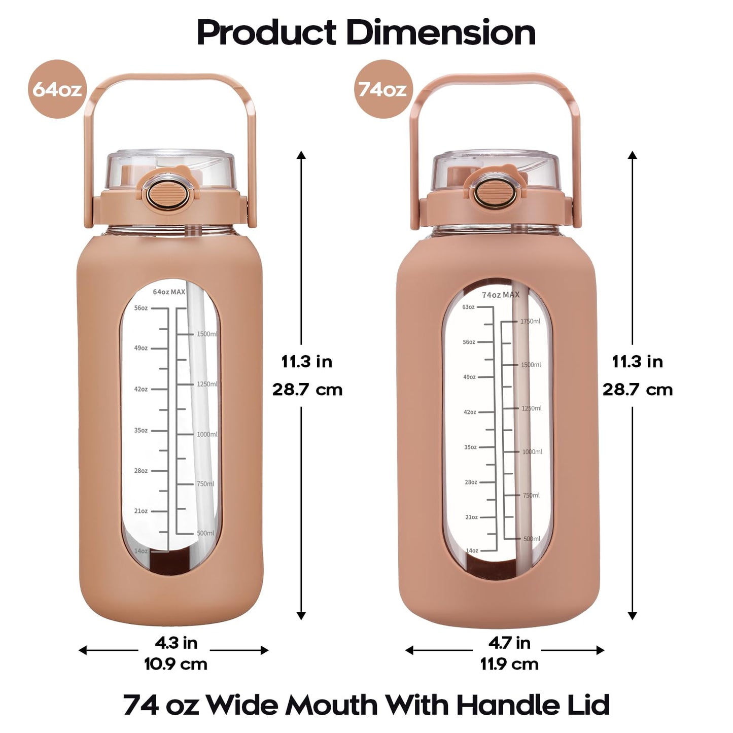 74 oz Glass Water Motivational Bottle with Straw & Time Marker 2.2L