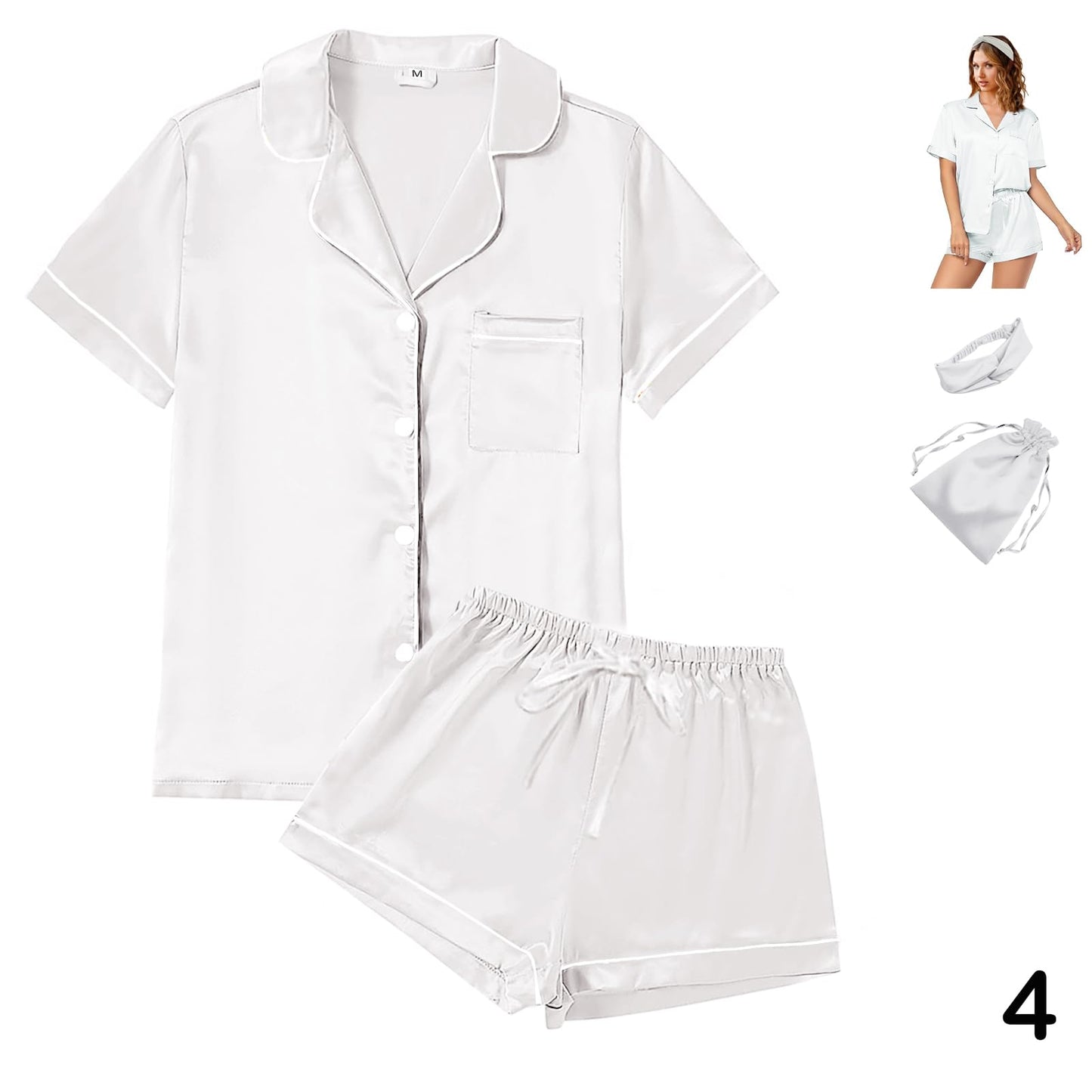 4Pcs Womens Satin Silky Pajama Sets Short Sleeve Shirt