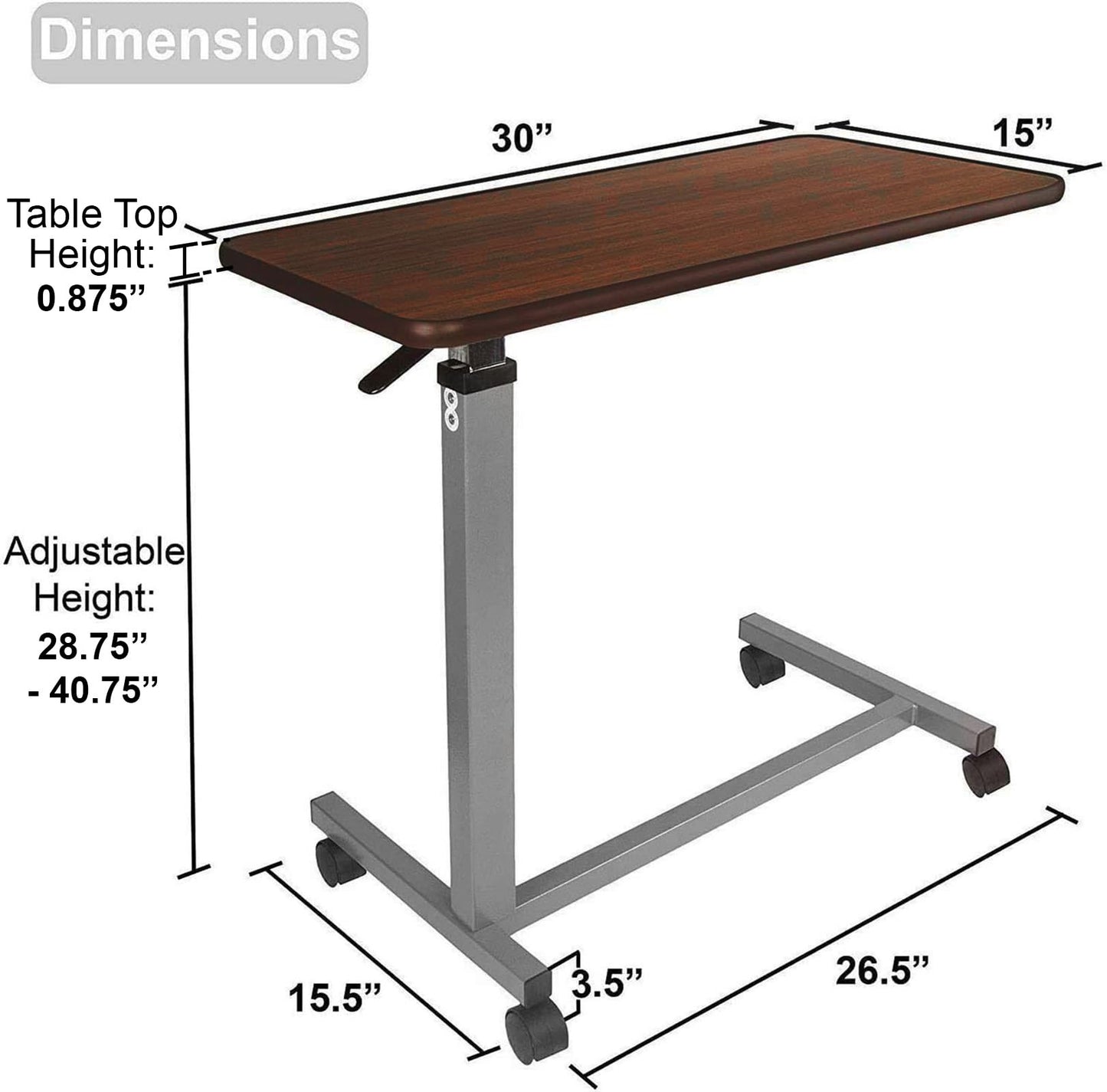 Medical Adjustable Overbed Bedside Table With Wheels