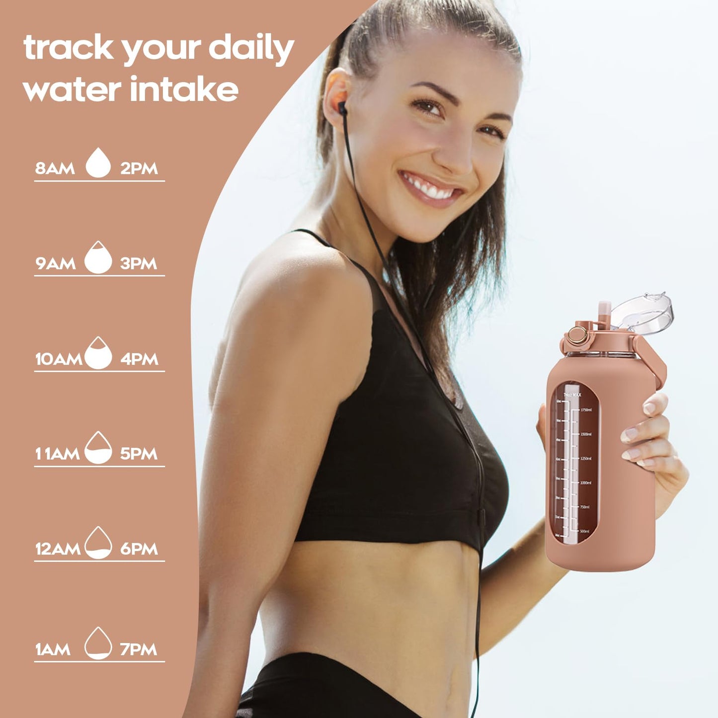 74 oz Glass Water Motivational Bottle with Straw & Time Marker 2.2L