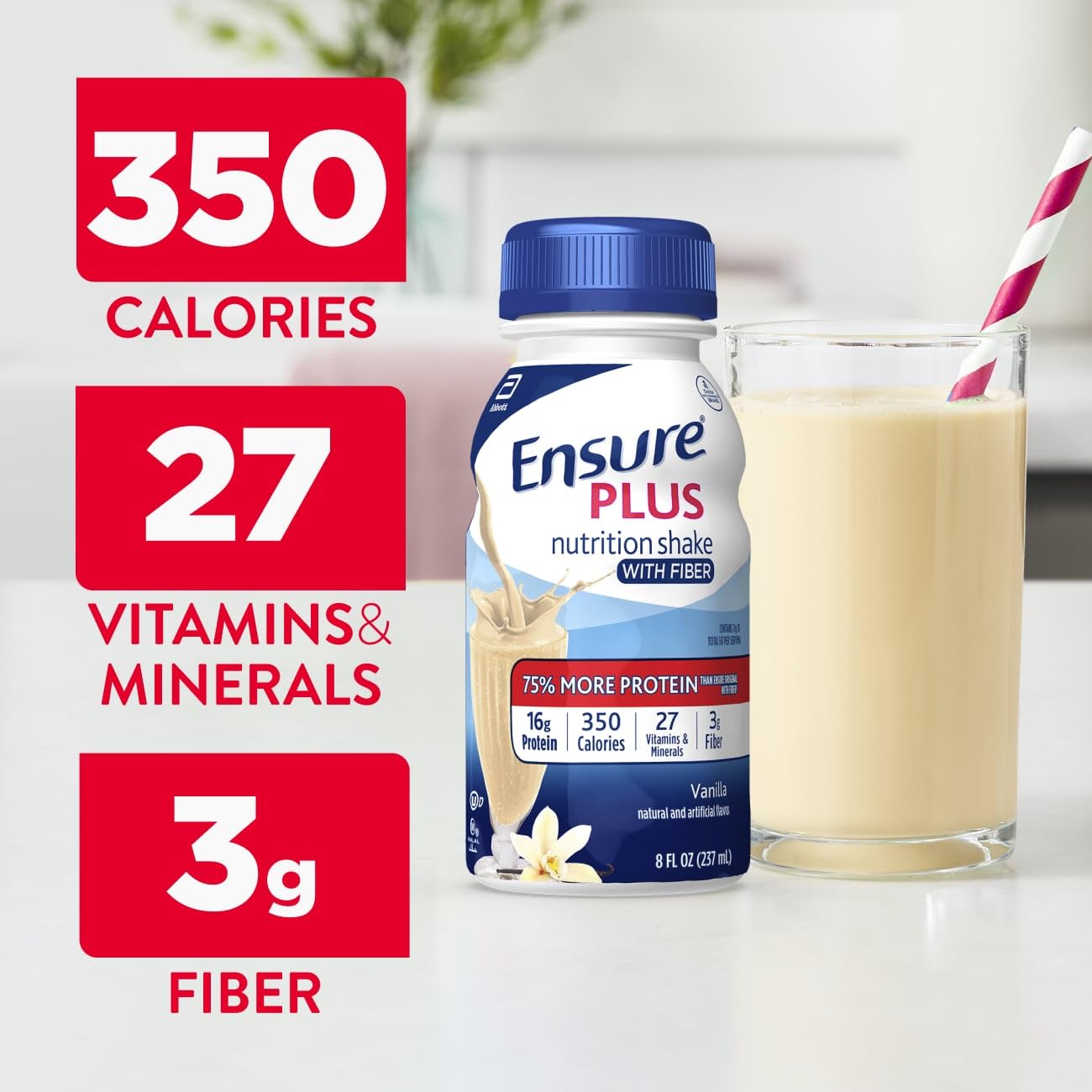 Ensure Plus Vanilla Nutrition Shake With Fiber , 8 fl oz - 24 Pack