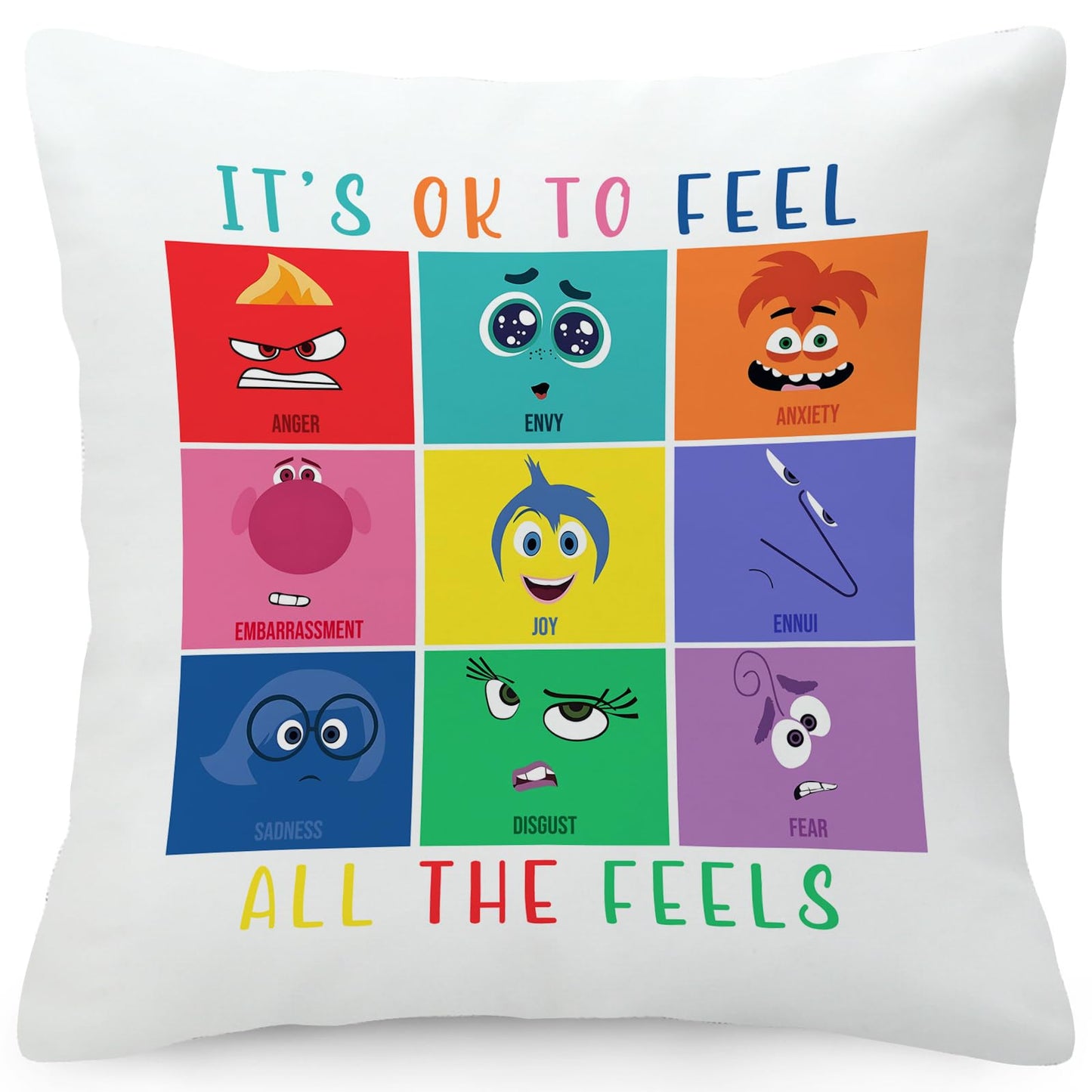 Inside Out 2 Pillow Cover Joy Anger Anxiety Fear Envy Sadness Velvet Throw Pillowcase for Home Bedroom Sofa Office Decor Gift for Child 18"x18"