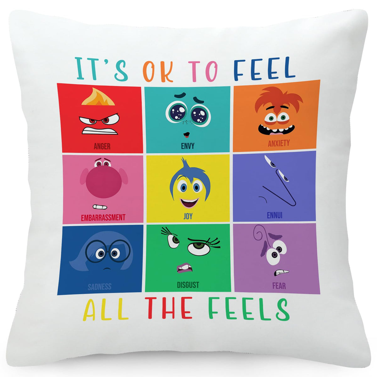 Inside Out 2 Pillow Cover Joy Anger Anxiety Fear Envy Sadness Velvet Throw Pillowcase for Home Bedroom Sofa Office Decor Gift for Child 18"x18"