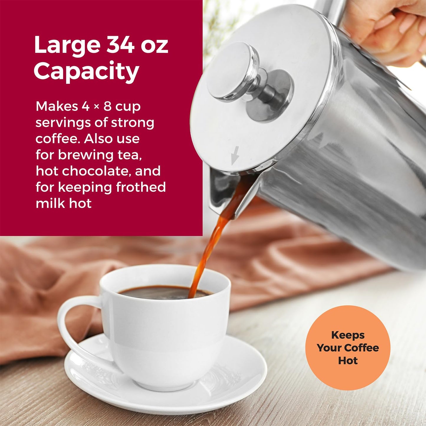 MuellerLiving French Press Coffee Maker 34oz, All Stainless Steel