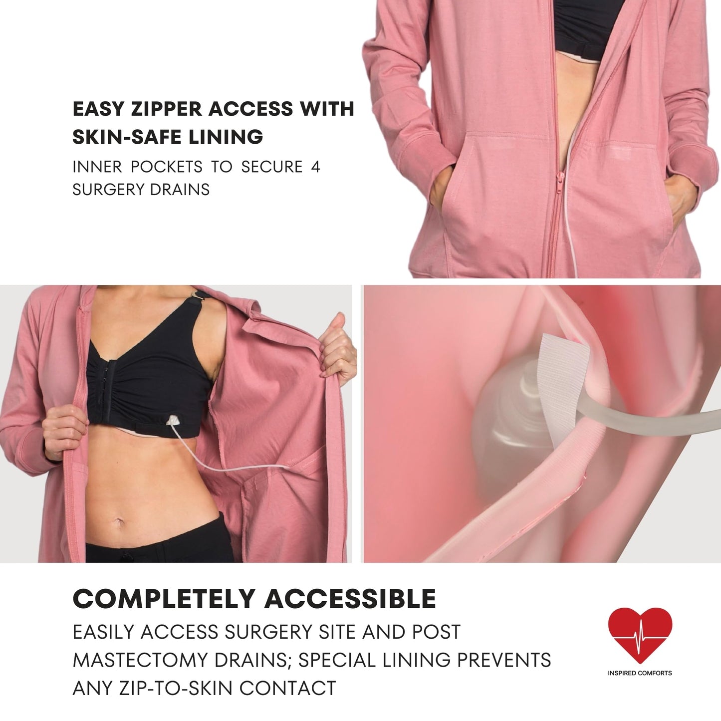 Mastectomy Recovery Hoodie Sweatshirt with Drain Pockets