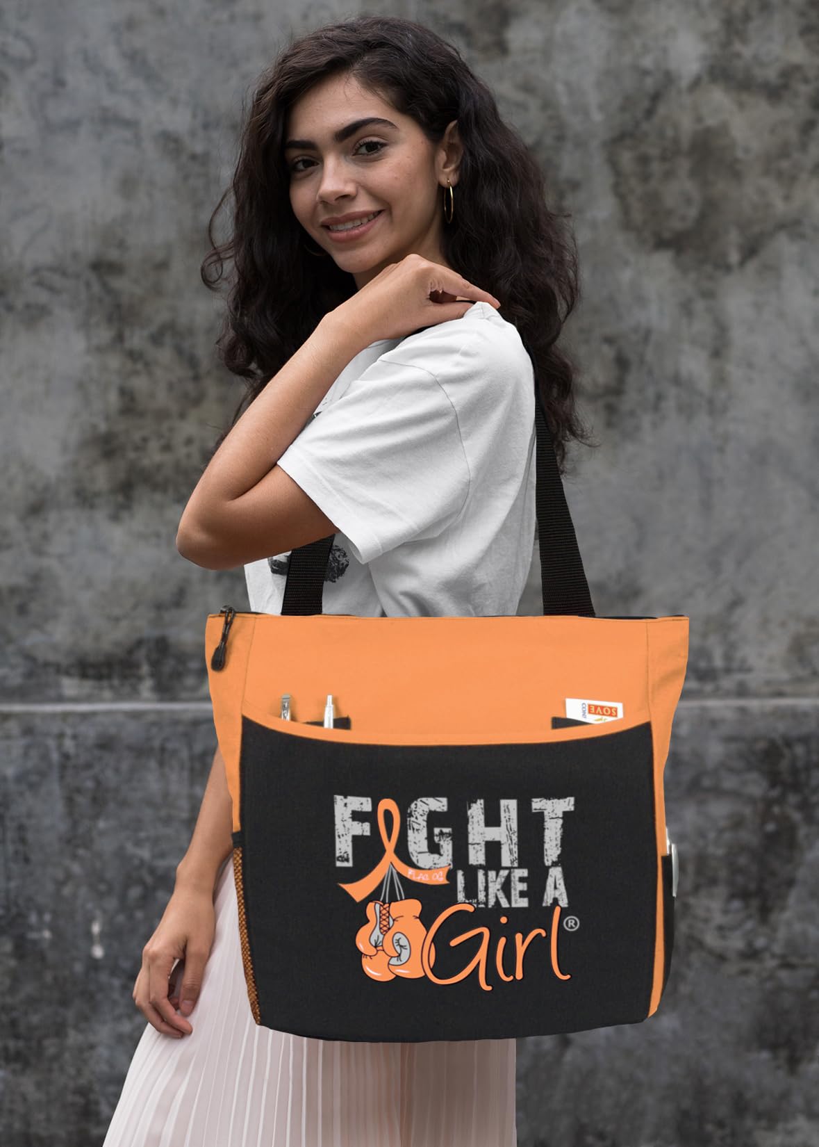 Fight Like a Girl Knockout Dakota 5-Pocket Tote Bag for Leukemia, Multiple Sclerosis, Kidney Cancer Awareness - Orange