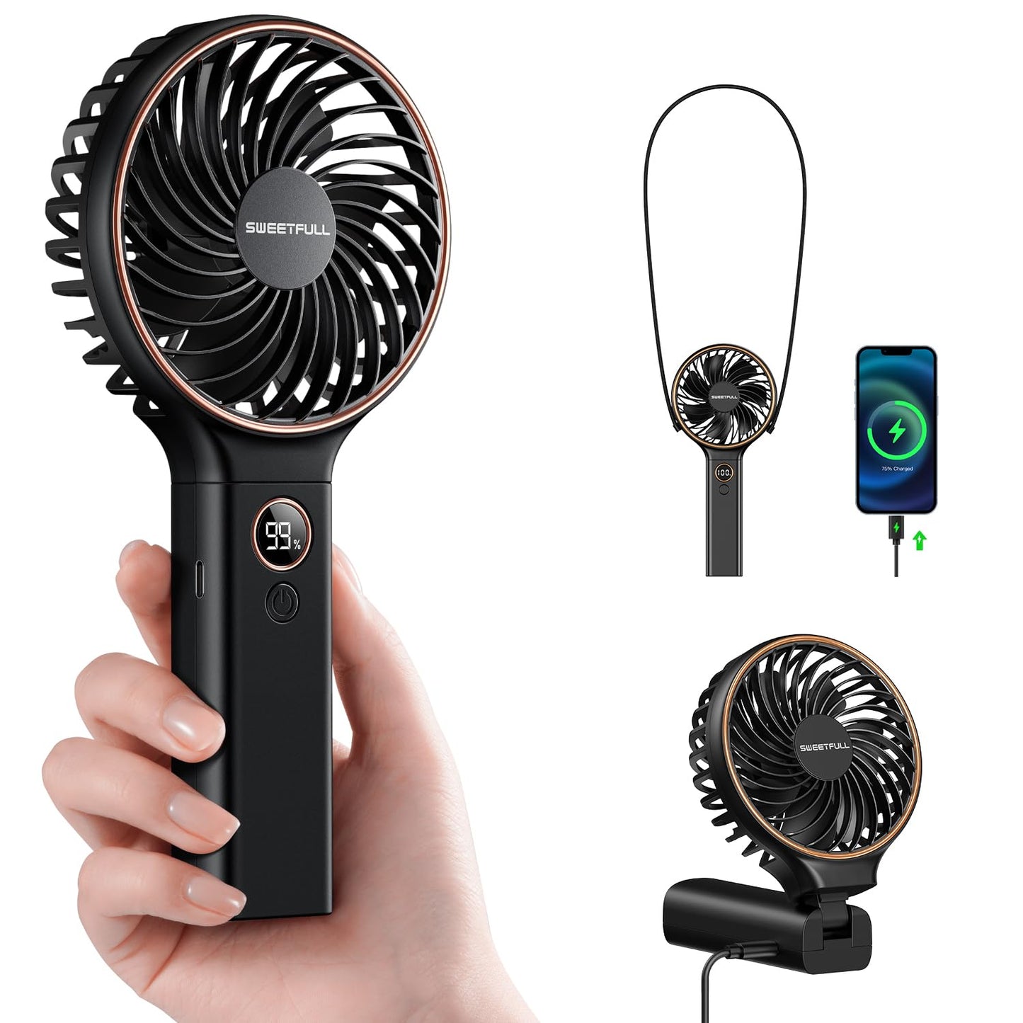 SWEETFULL Handheld Portable Fan, Rechargeable Battery, 6 Speed Wind, LED Digital Display