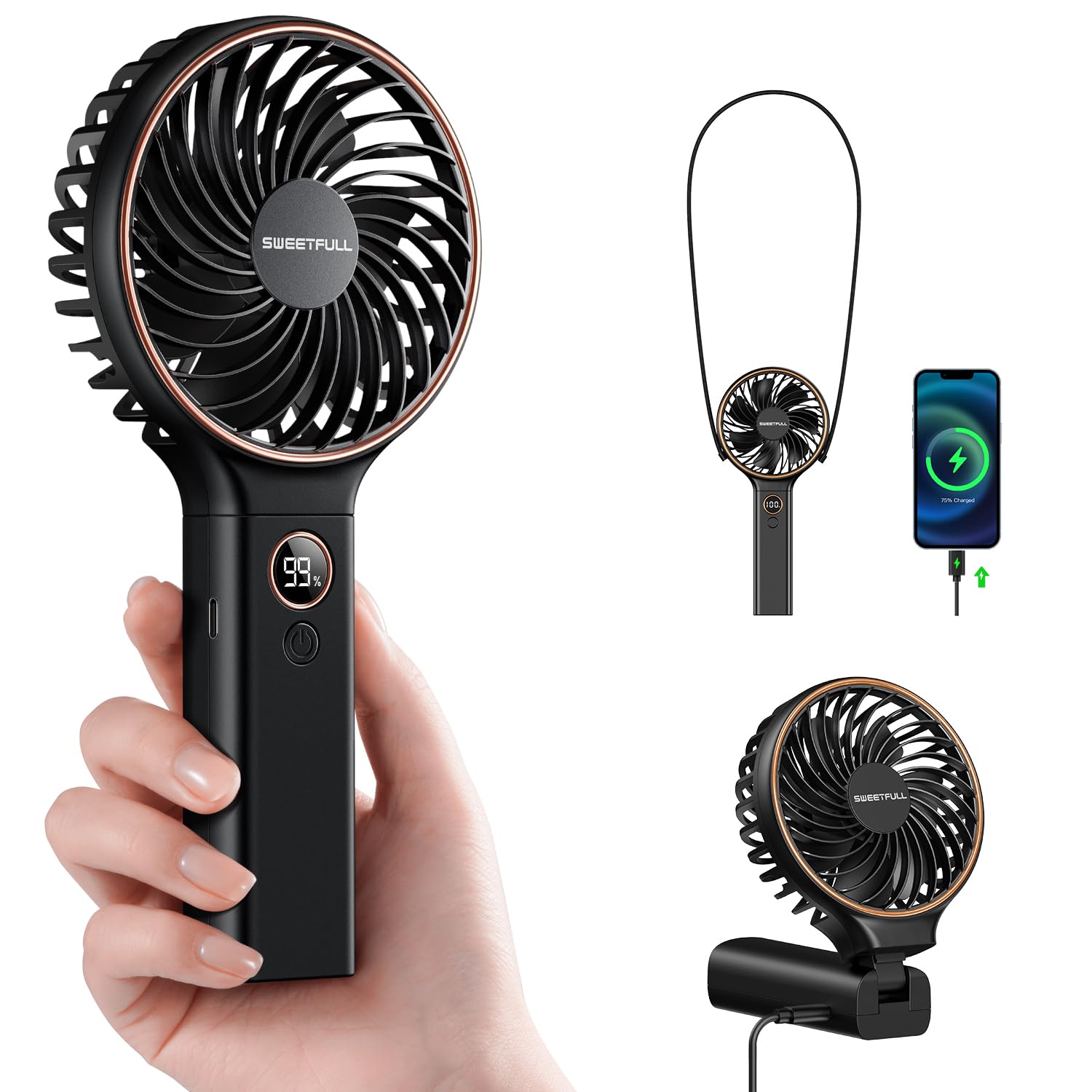 SWEETFULL Handheld Portable Fan, Rechargeable Battery, 6 Speed Wind, LED Digital Display