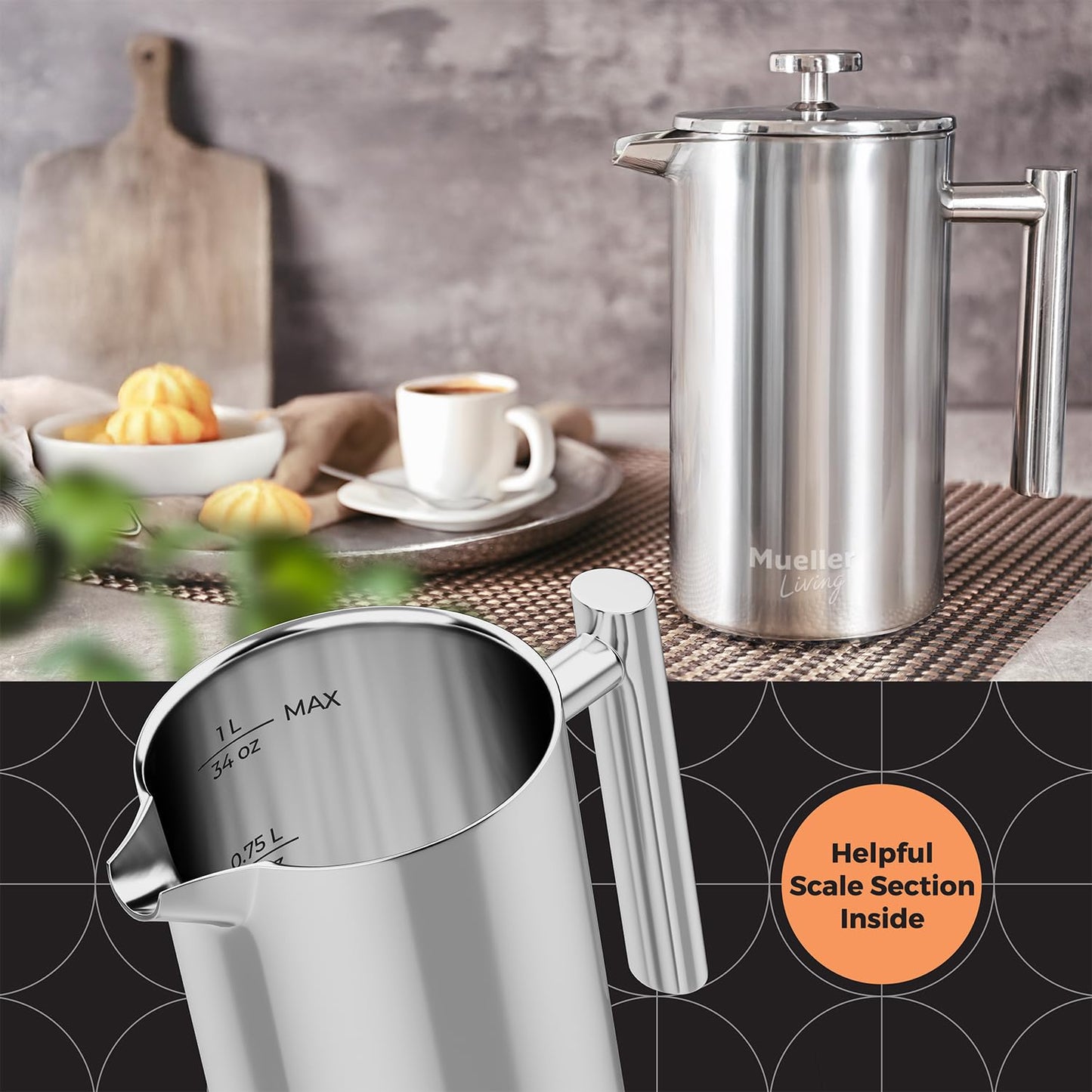 MuellerLiving French Press Coffee Maker 34oz, All Stainless Steel