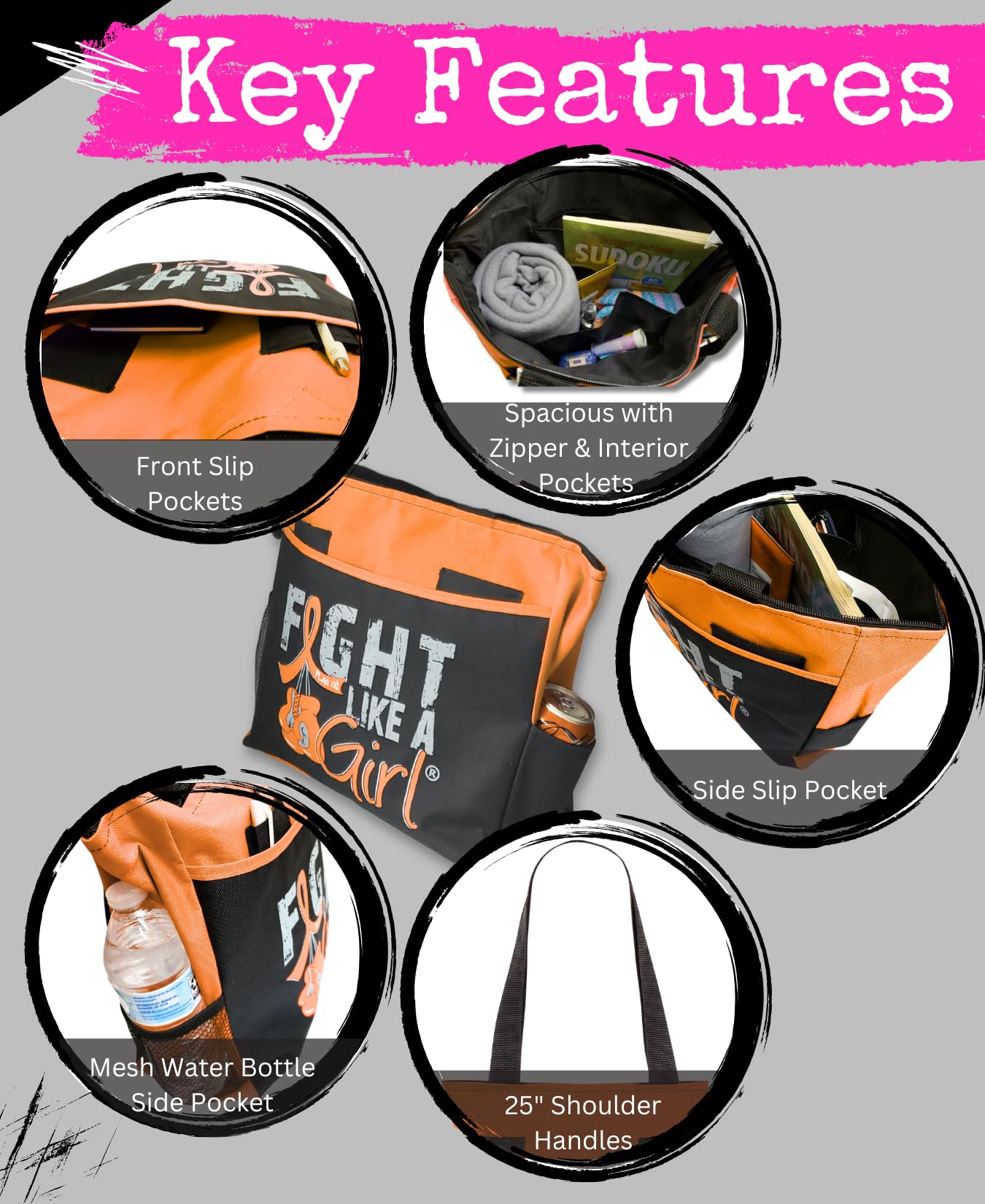 Fight Like a Girl Knockout Dakota 5-Pocket Tote Bag for Leukemia, Multiple Sclerosis, Kidney Cancer Awareness - Orange
