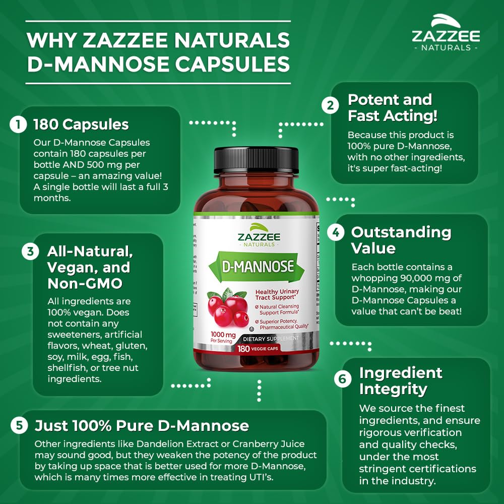 Zazzee D-Mannose, 1000 mg per Serving, 180 Vegan Capsules