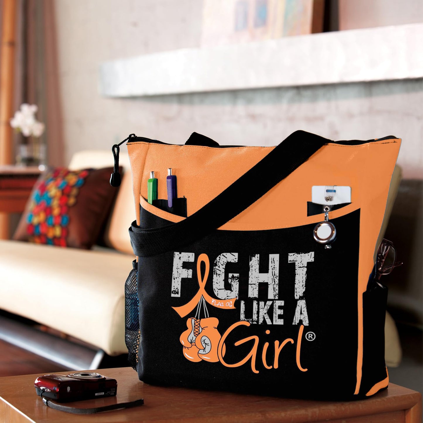 Fight Like a Girl Knockout Dakota 5-Pocket Tote Bag for Leukemia, Multiple Sclerosis, Kidney Cancer Awareness - Orange