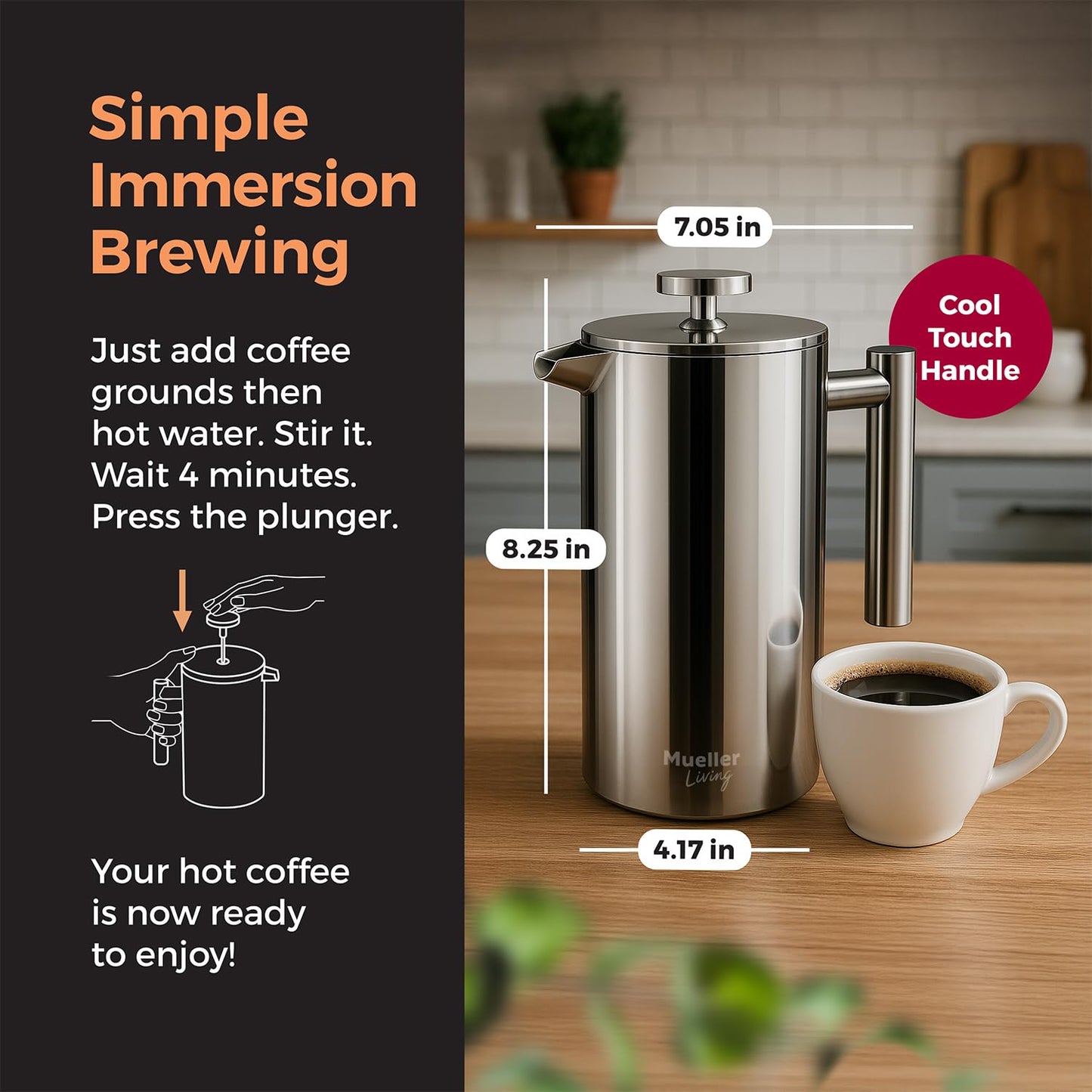 MuellerLiving French Press Coffee Maker 34oz, All Stainless Steel