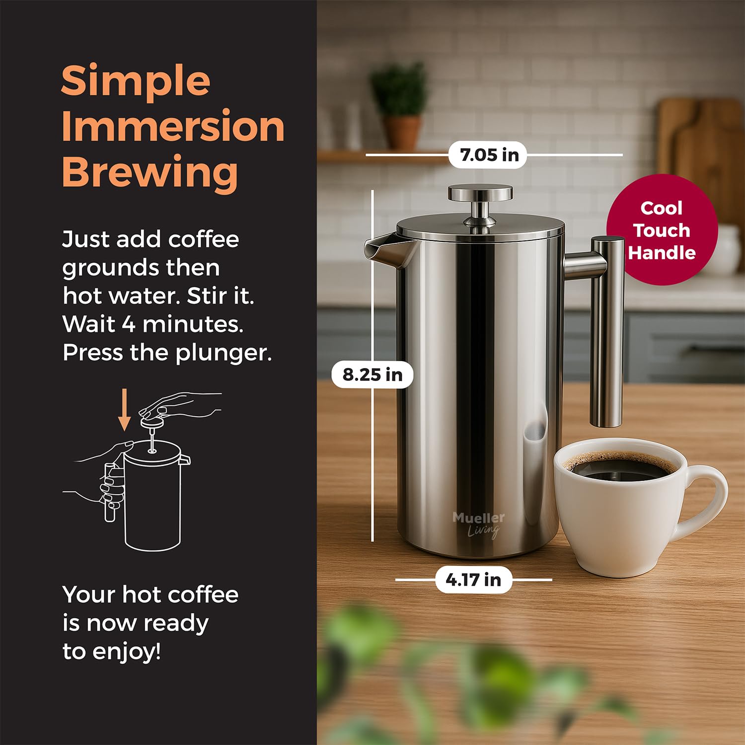 MuellerLiving French Press Coffee Maker 34oz, All Stainless Steel
