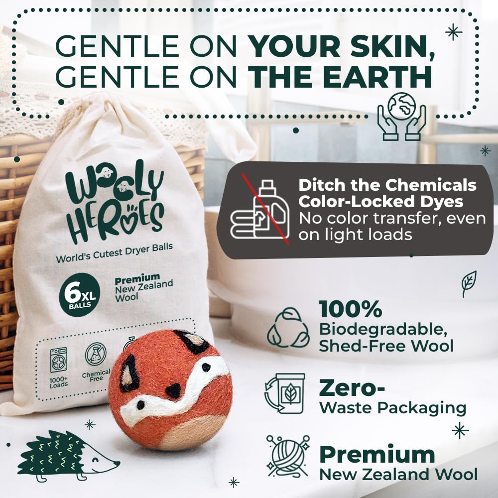 Reusable Wool Dryer Balls XL 6-Pack - Reduces Static, Cuts Dry Time, & Softens Naturally
