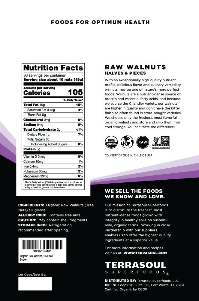Terrasoul Superfoods Raw Organic Walnuts, 16 Oz