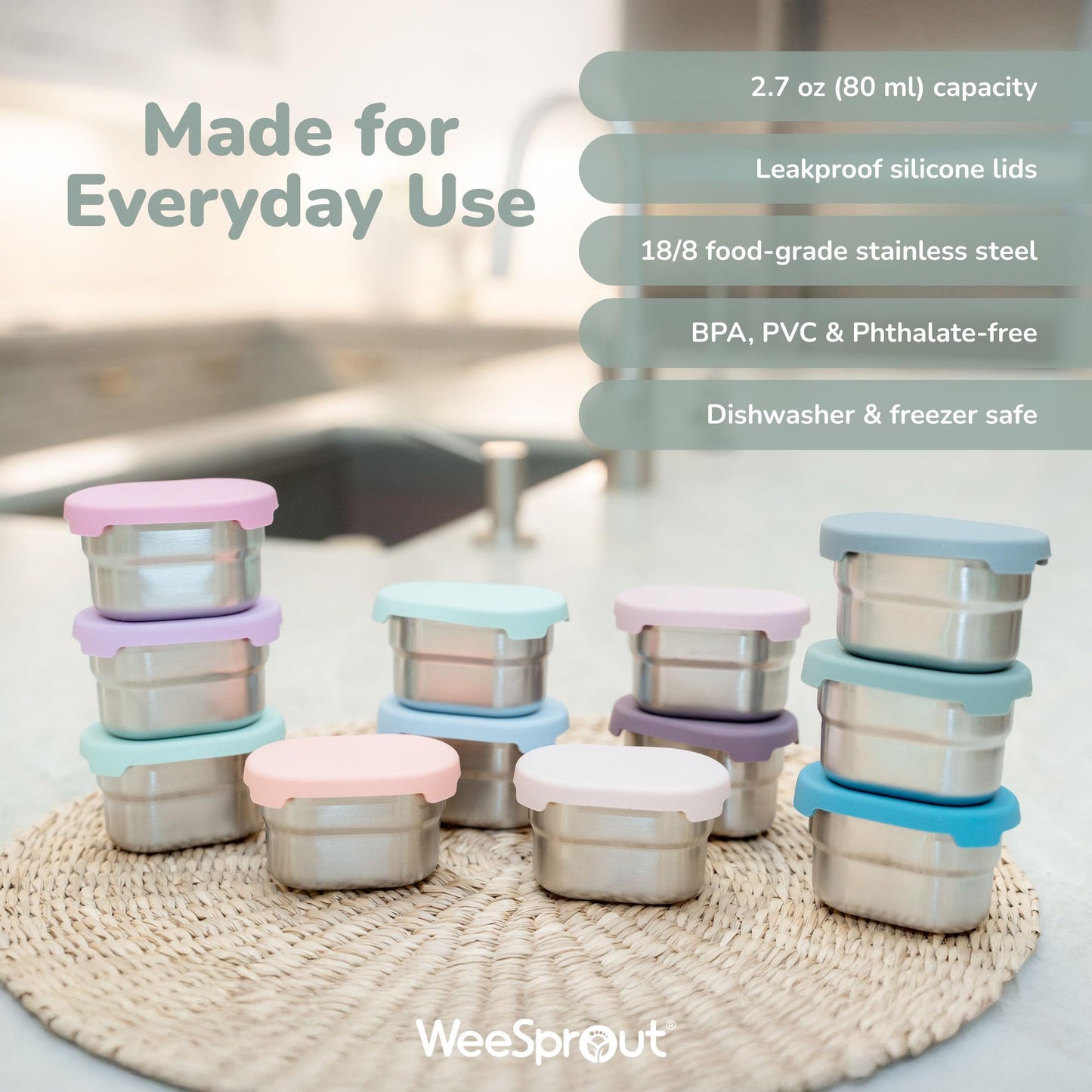 WeeSprout Stainless Steel Dip Containers with Leakproof Silicone Lids - 3 Pack - 2.7 Oz Reusable Snack & Sauce Cups - BPA-Free, Dishwasher & Freezer Safe Bento Box Lunch Boxes & Meal Prep Accessories