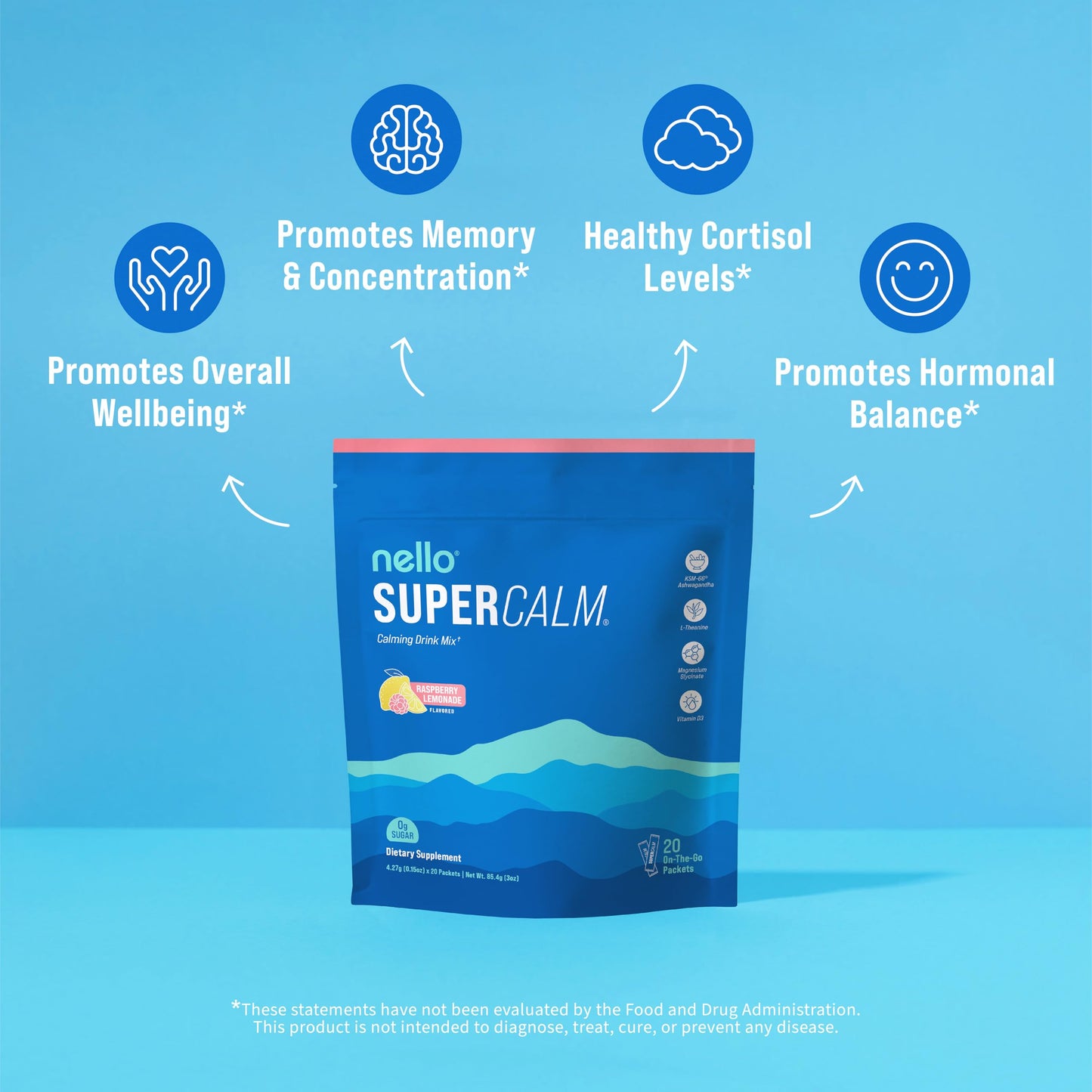Nello Supercalm Powdered Drink Mix, Raspberry Lemonade, 20 Ct