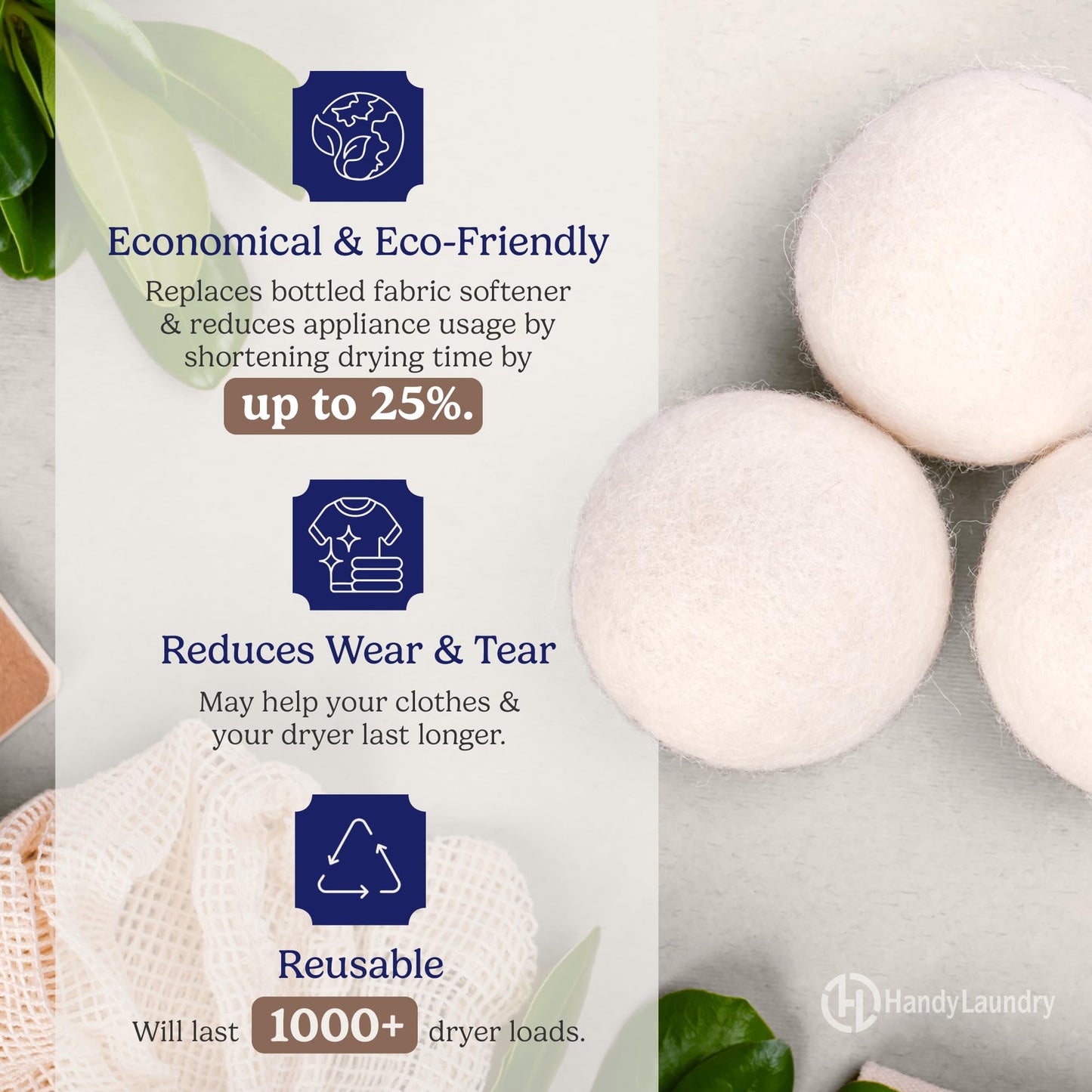Handy Laundry Wool Dryer Balls - Natural Fabric Softener (Pack of 6)