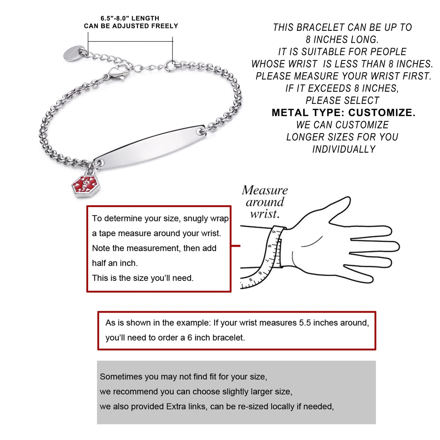 LinnaLove-Free customize engraved Simple Rolo chain Medical alert id bracelet for Women