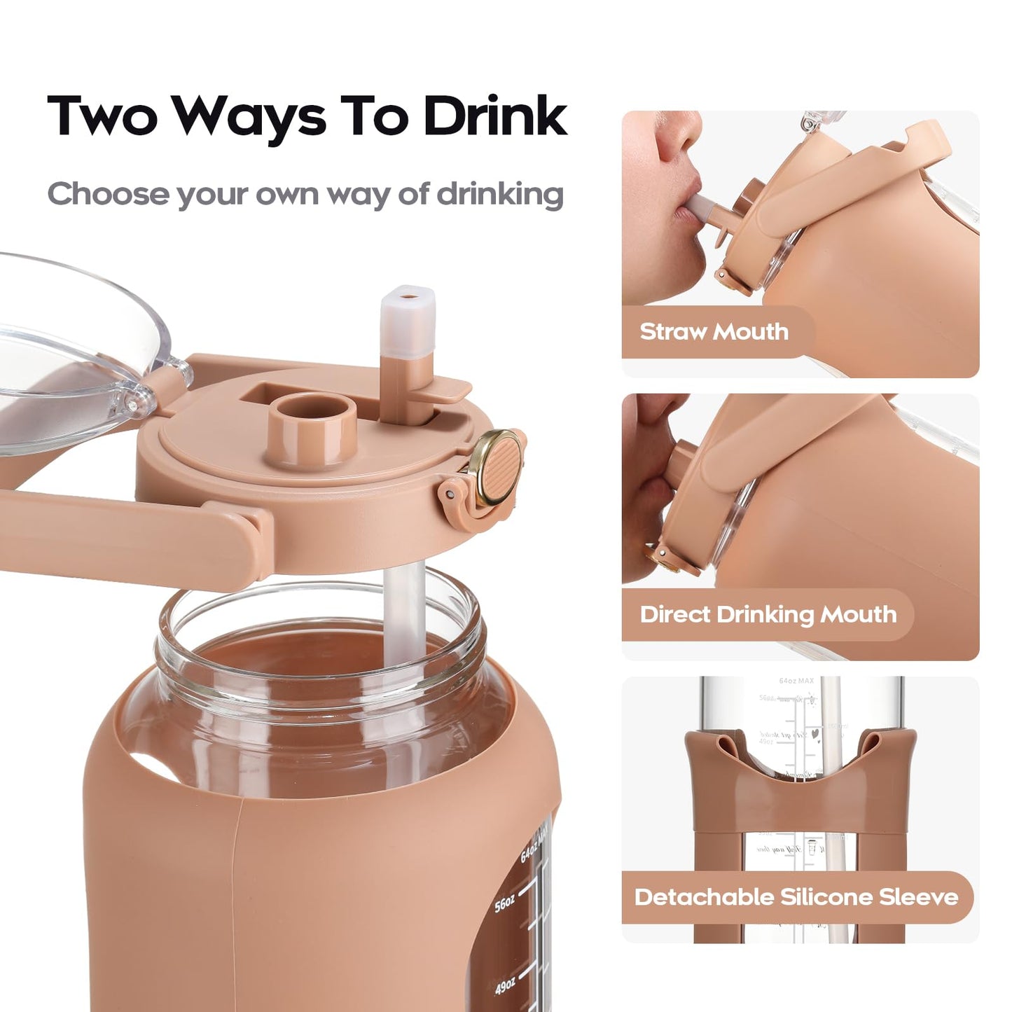 74 oz Glass Water Motivational Bottle with Straw & Time Marker 2.2L