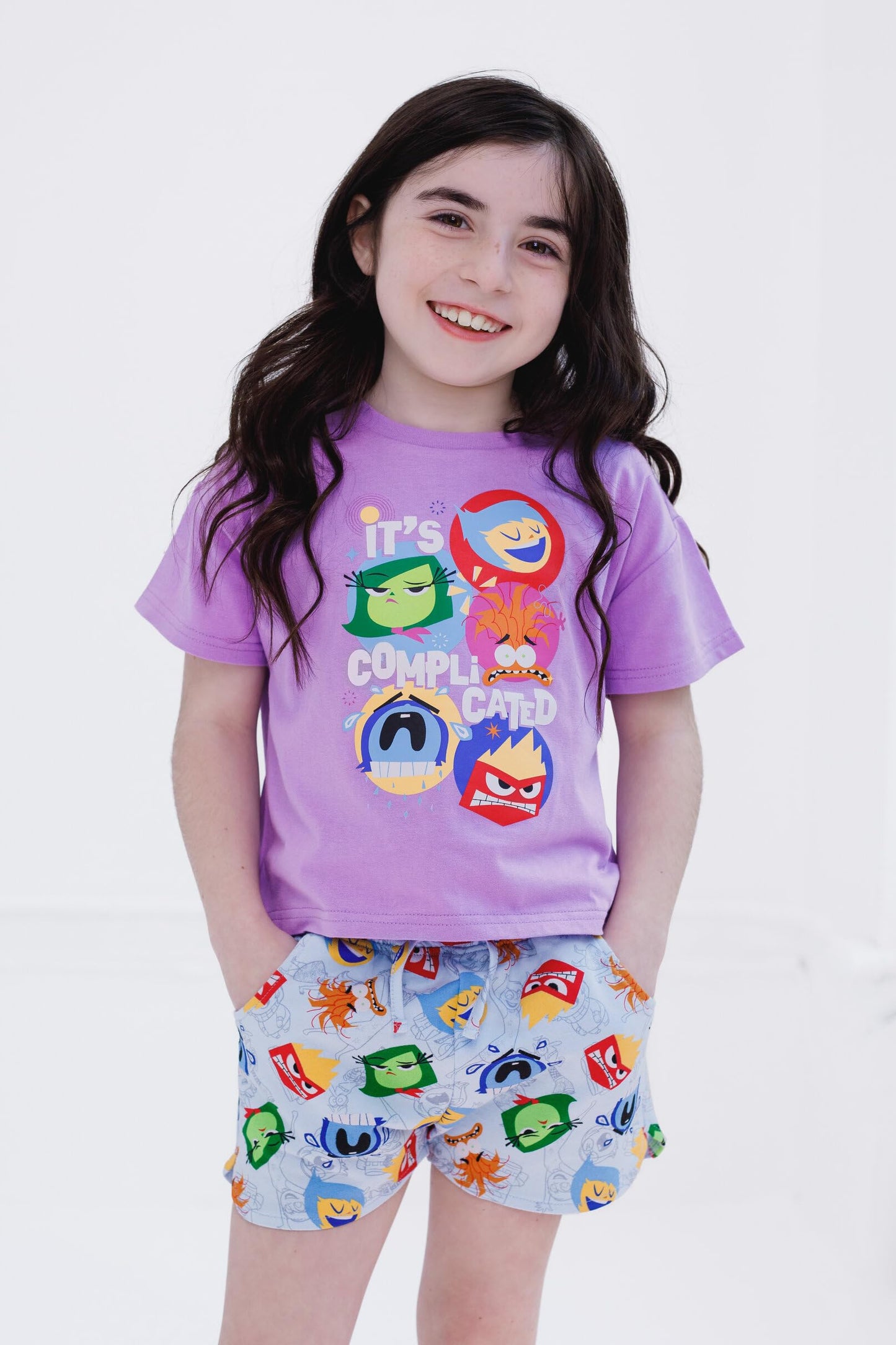 Disney Inside Out Big Girls T-Shirt and French Terry Shorts Outfit Set Lavender/Blue Inside Out 10-12