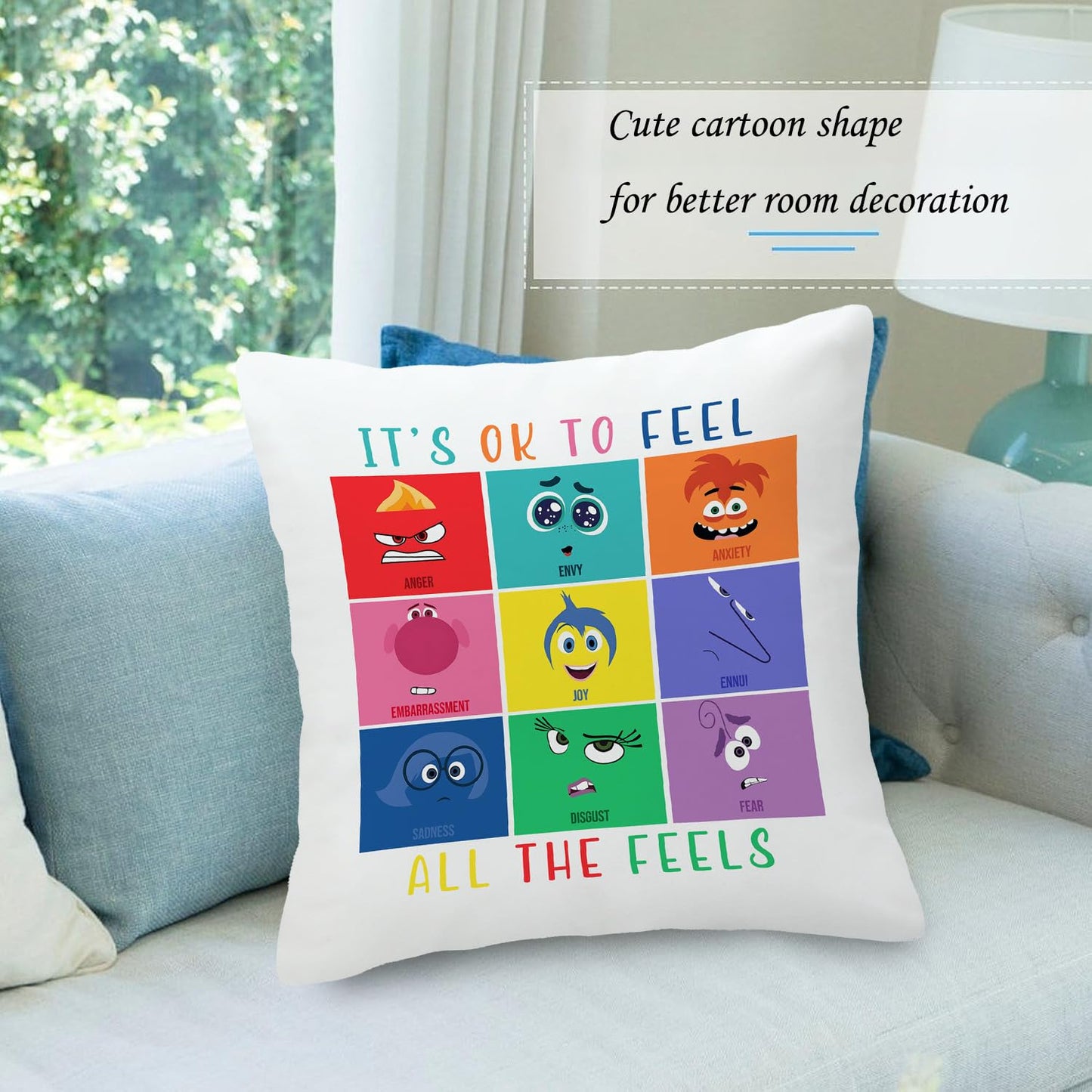 Inside Out 2 Pillow Cover Joy Anger Anxiety Fear Envy Sadness Velvet Throw Pillowcase for Home Bedroom Sofa Office Decor Gift for Child 18"x18"