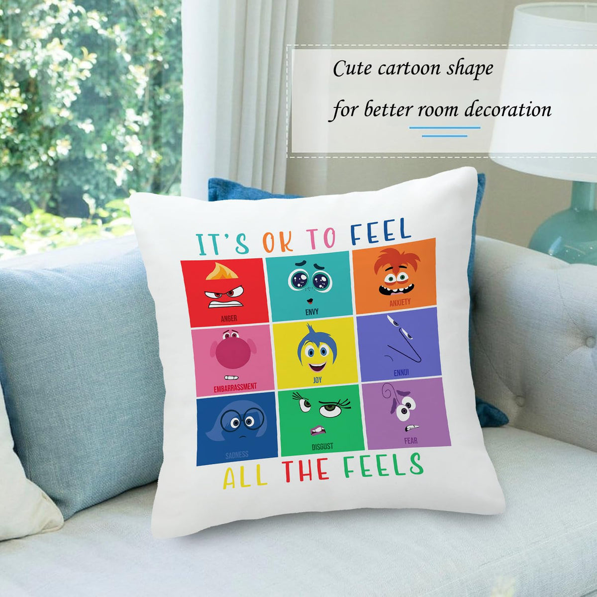 Inside Out 2 Pillow Cover Joy Anger Anxiety Fear Envy Sadness Velvet Throw Pillowcase for Home Bedroom Sofa Office Decor Gift for Child 18"x18"