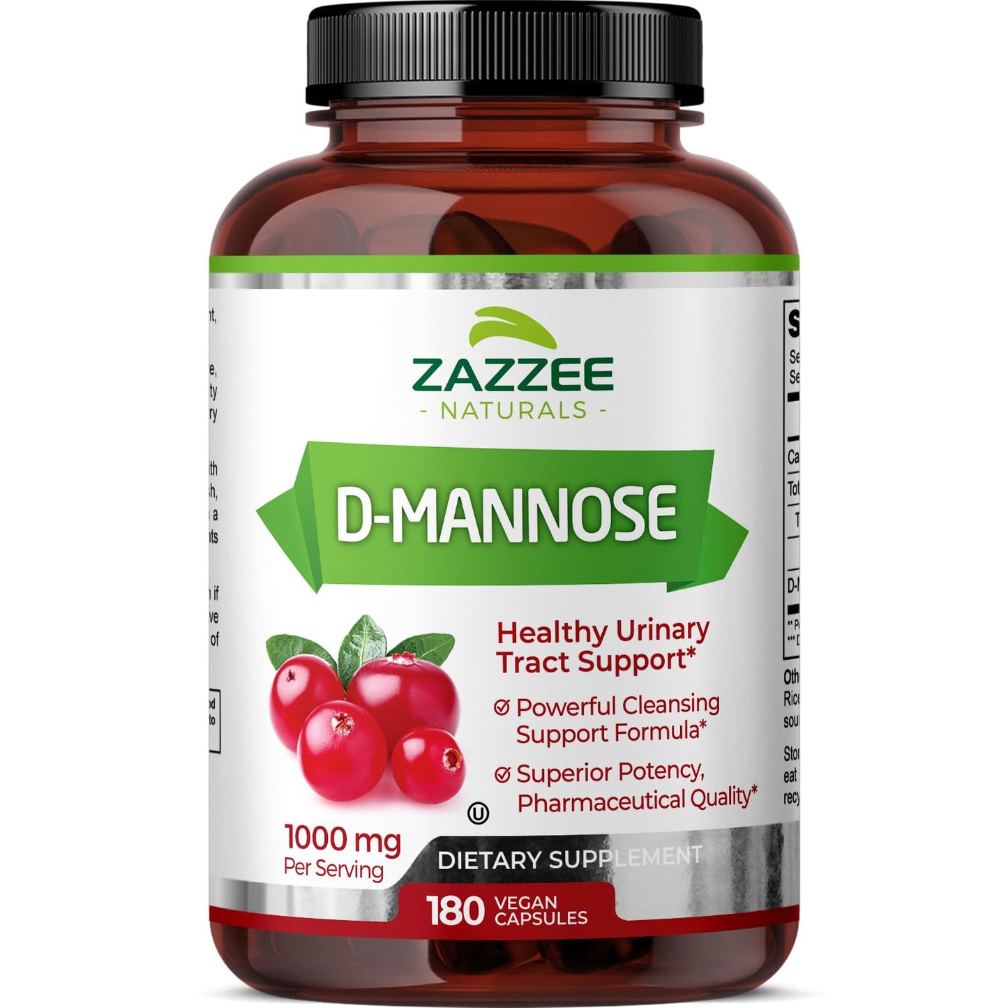 Zazzee D-Mannose, 1000 mg per Serving, 180 Vegan Capsules