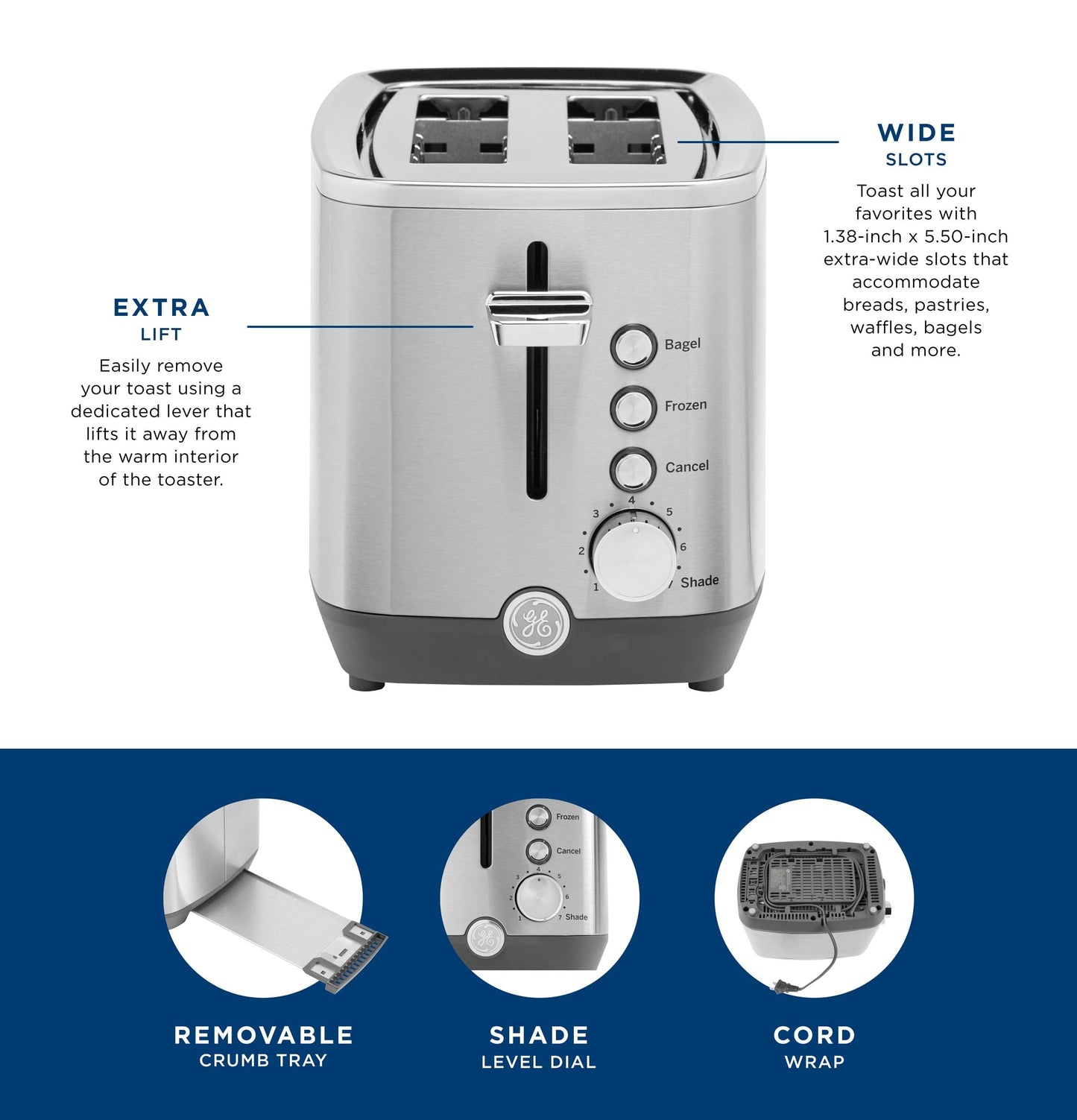 GE 2 Slice Stainless Steel Toaster, Extra Wide Slots for Toasting Bagels, Breads, Waffles