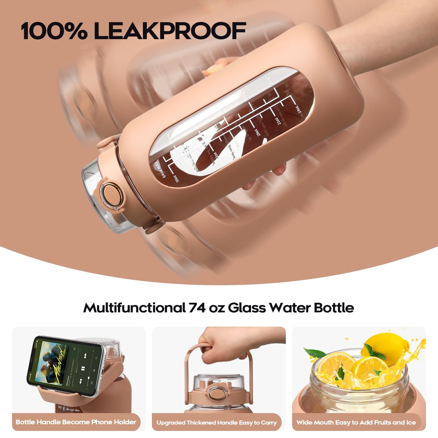 74 oz Glass Water Motivational Bottle with Straw & Time Marker 2.2L