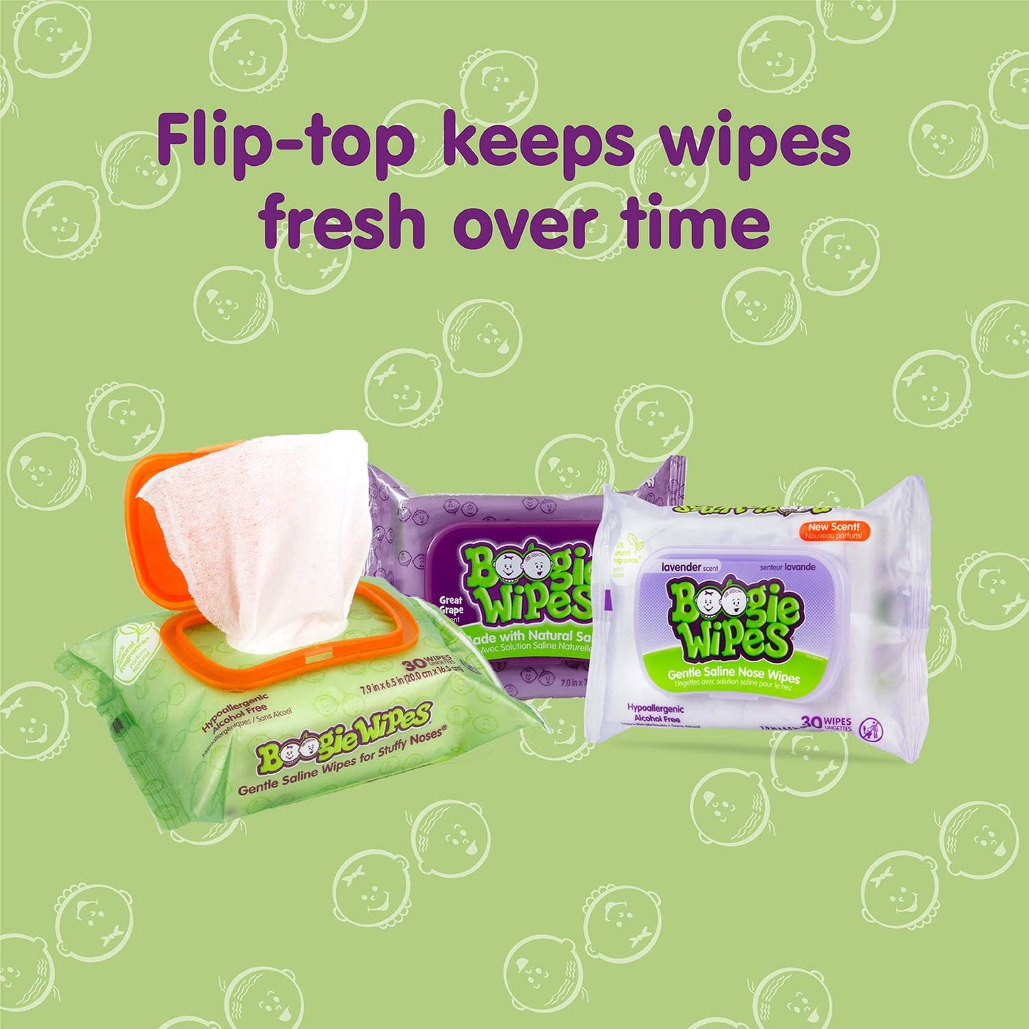 Baby Saline Wipes by Boogie for Face, Body & Nose, for Baby and Kids Made with Natural Saline, Grape Scent, 180 Count (Pack of 6)