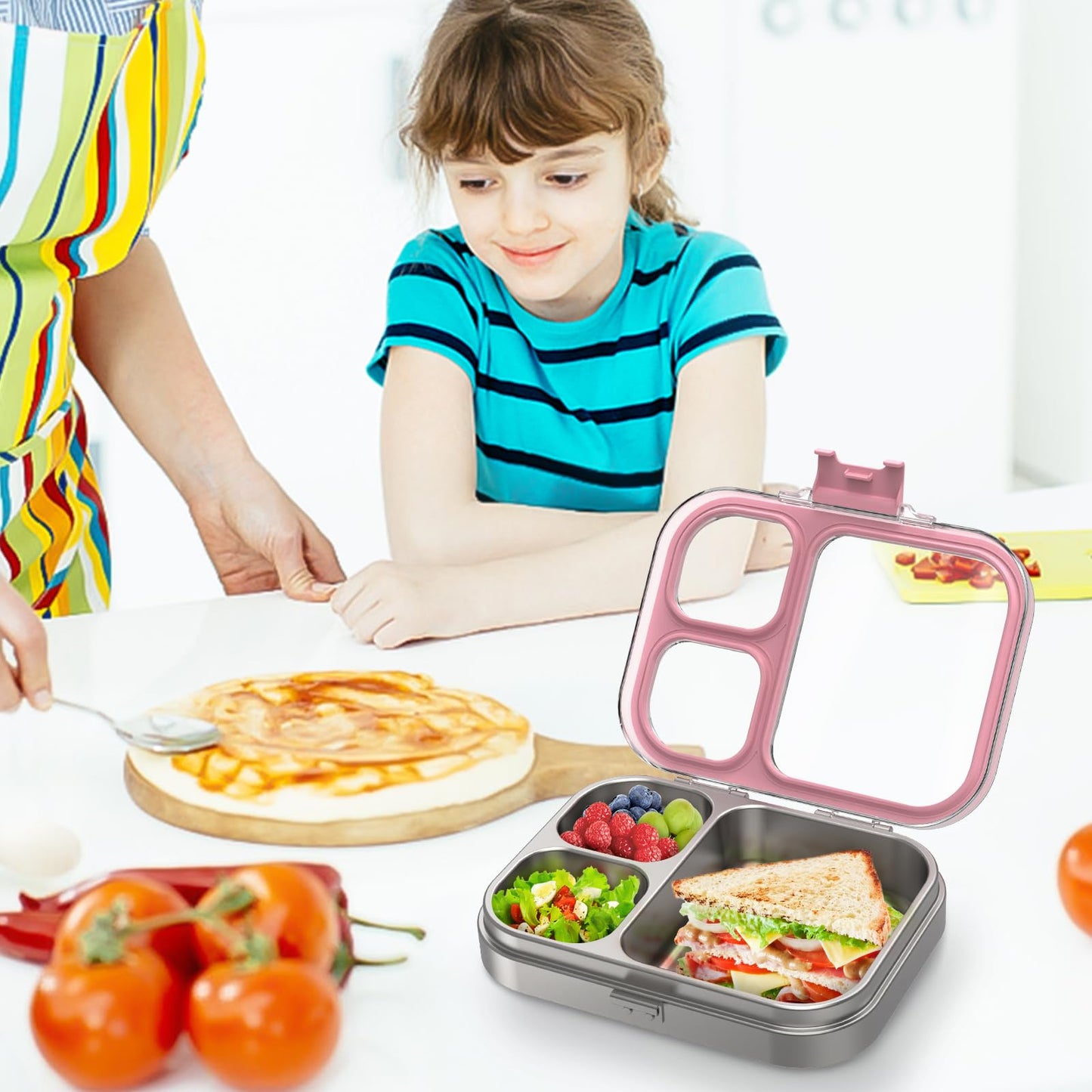 LOHASOK Kids Stainless Steel Bento Box with Silicone Lid Leak-proof Toddlers Lunch Container 3 Compartments Dishwasher Safe Pink