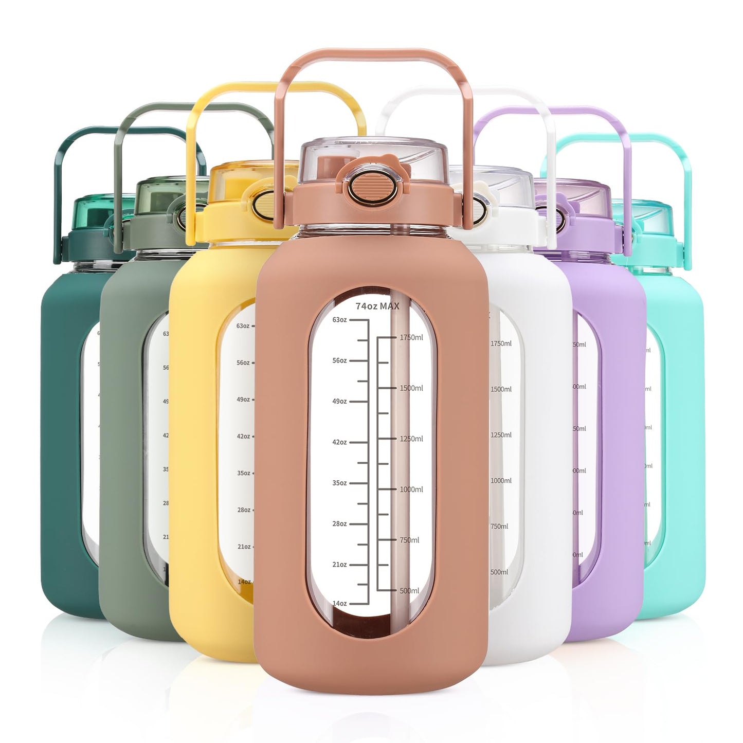 74 oz Glass Water Motivational Bottle with Straw & Time Marker 2.2L