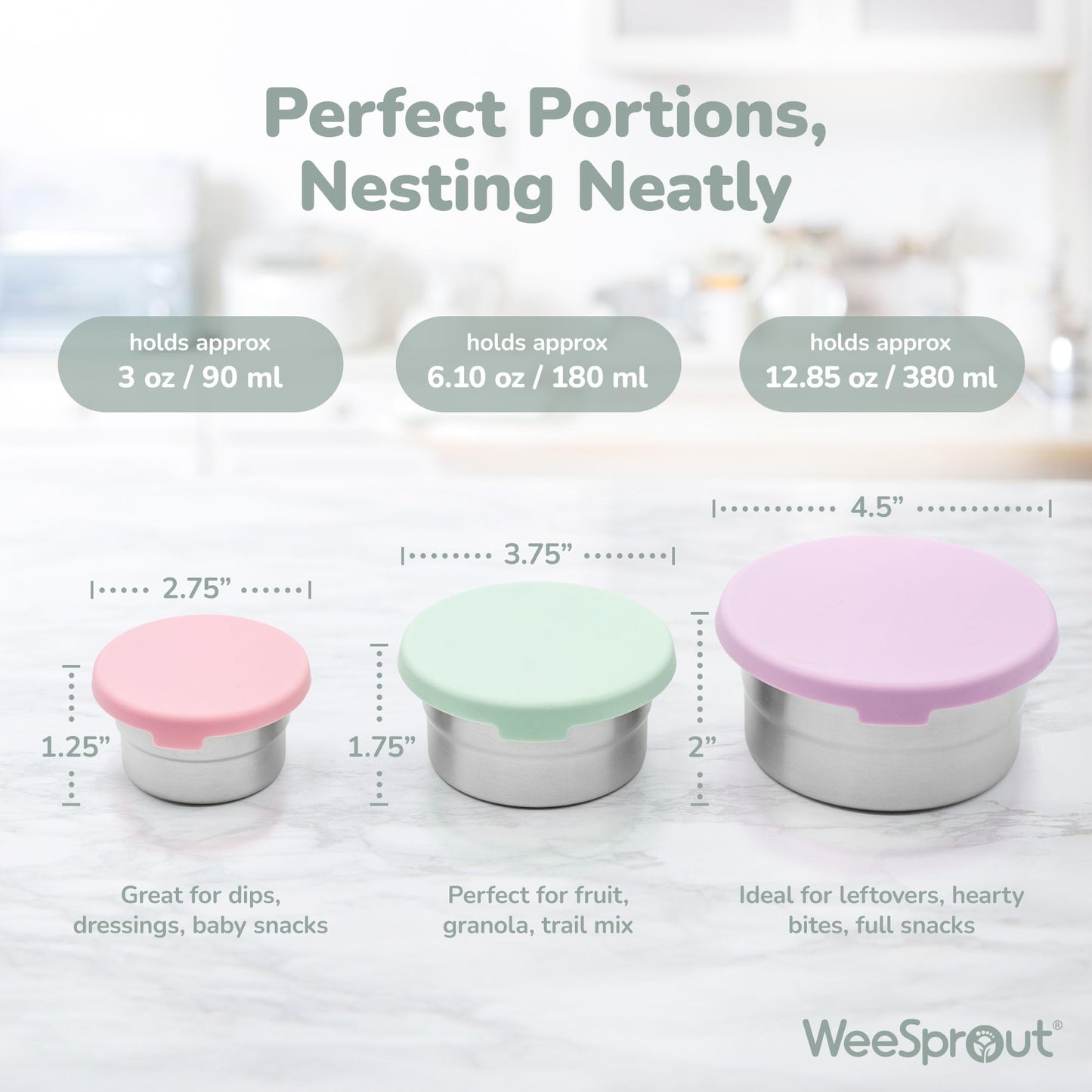 Stainless Steel Food Storage Containers - 3 Pack - 3 Oz, 6.1 Oz, 12.85 Oz with Leakproof Silicone Lids, BPA-Free, Dishwasher & Freezer Safe, Nesting & Stackable for Meal Prep, Lunch Boxes & Snacks