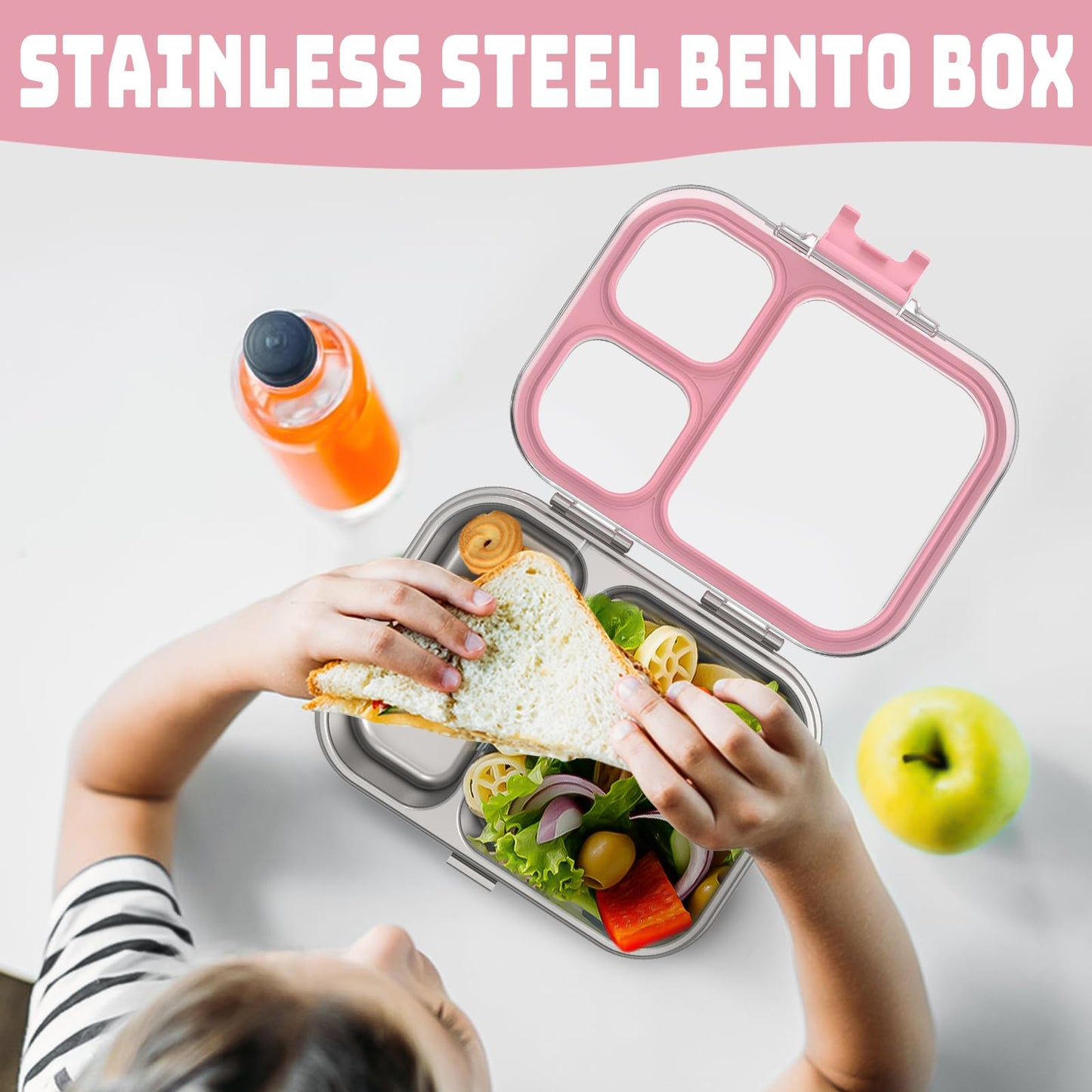 LOHASOK Kids Stainless Steel Bento Box with Silicone Lid Leak-proof Toddlers Lunch Container 3 Compartments Dishwasher Safe Pink