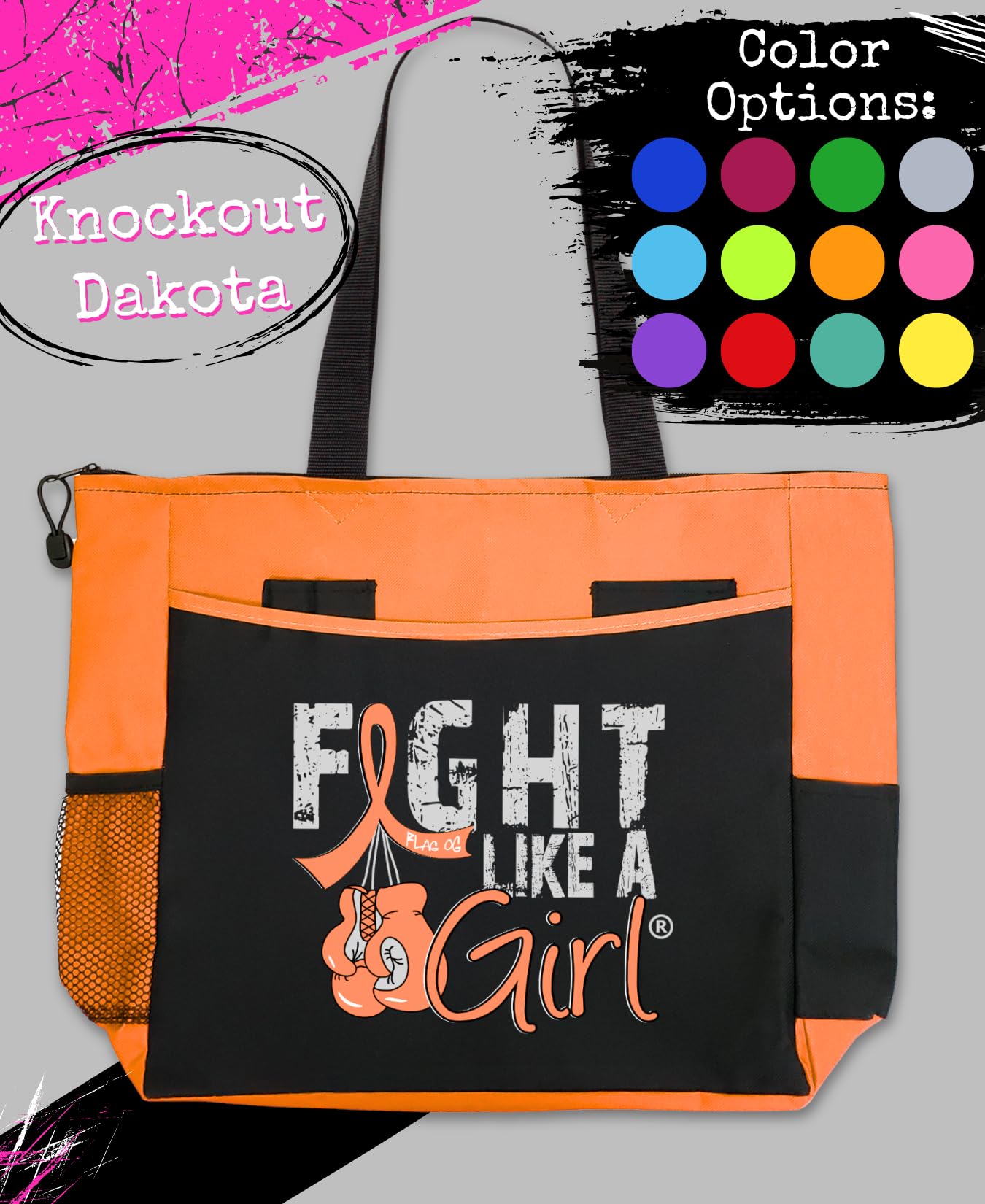 Fight Like a Girl Knockout Dakota 5-Pocket Tote Bag for Leukemia, Multiple Sclerosis, Kidney Cancer Awareness - Orange