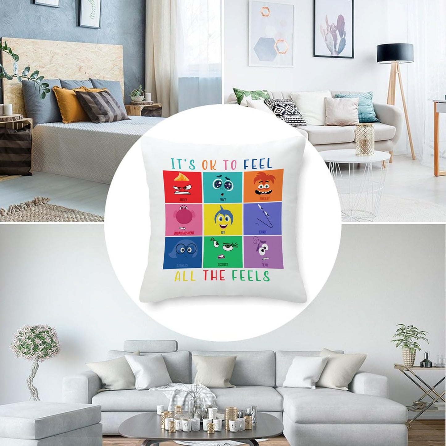 Inside Out 2 Pillow Cover Joy Anger Anxiety Fear Envy Sadness Velvet Throw Pillowcase for Home Bedroom Sofa Office Decor Gift for Child 18"x18"