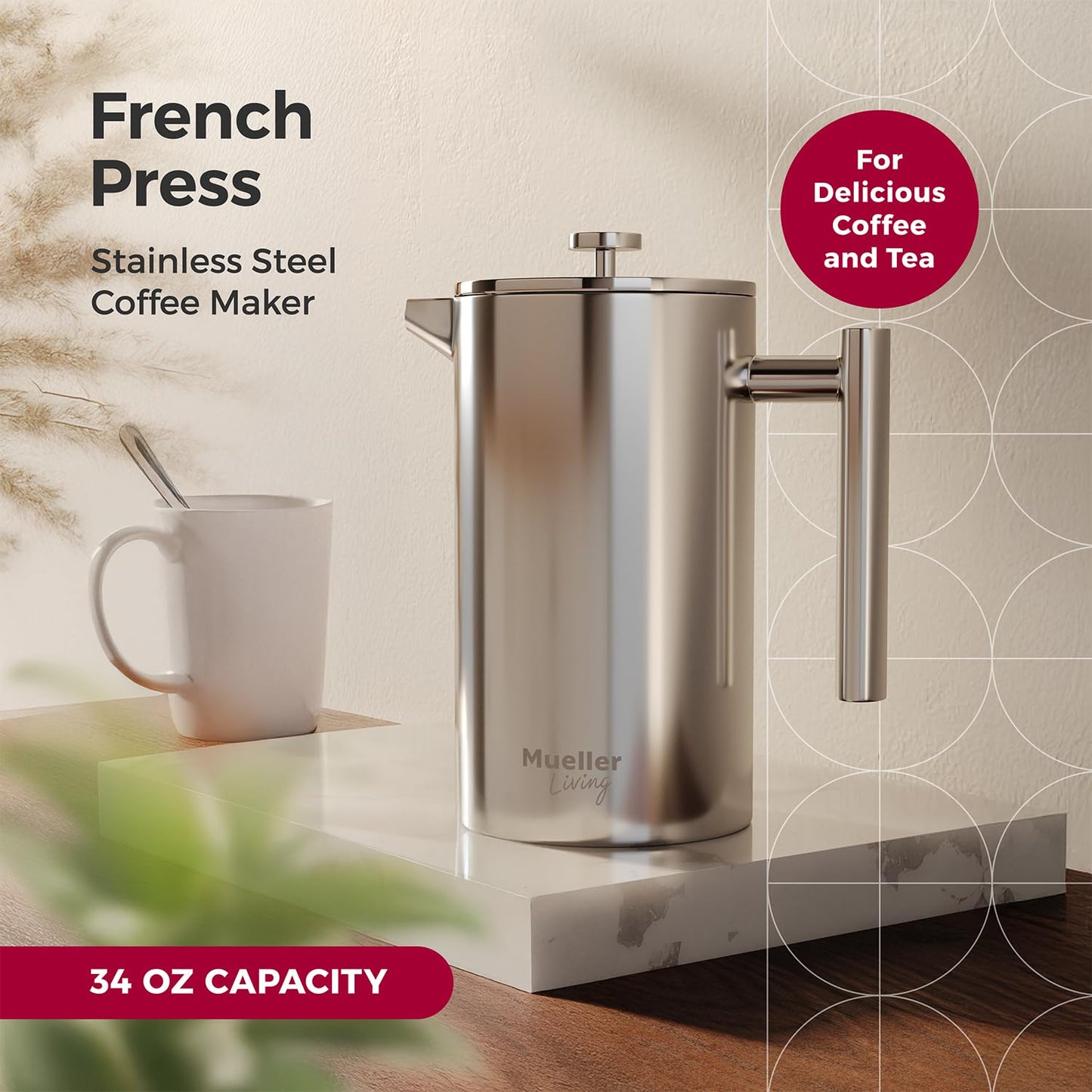 MuellerLiving French Press Coffee Maker 34oz, All Stainless Steel