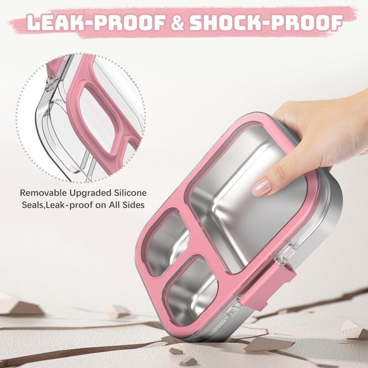 LOHASOK Kids Stainless Steel Bento Box with Silicone Lid Leak-proof Toddlers Lunch Container 3 Compartments Dishwasher Safe Pink
