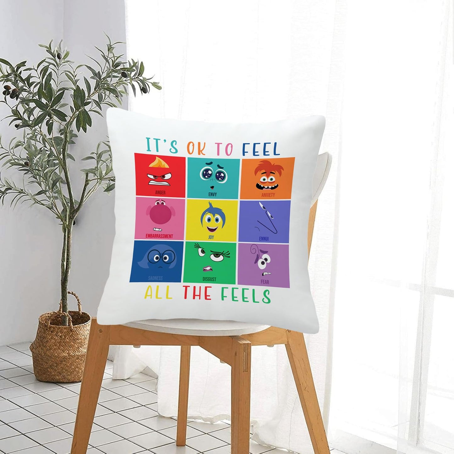 Inside Out 2 Pillow Cover Joy Anger Anxiety Fear Envy Sadness Velvet Throw Pillowcase for Home Bedroom Sofa Office Decor Gift for Child 18"x18"