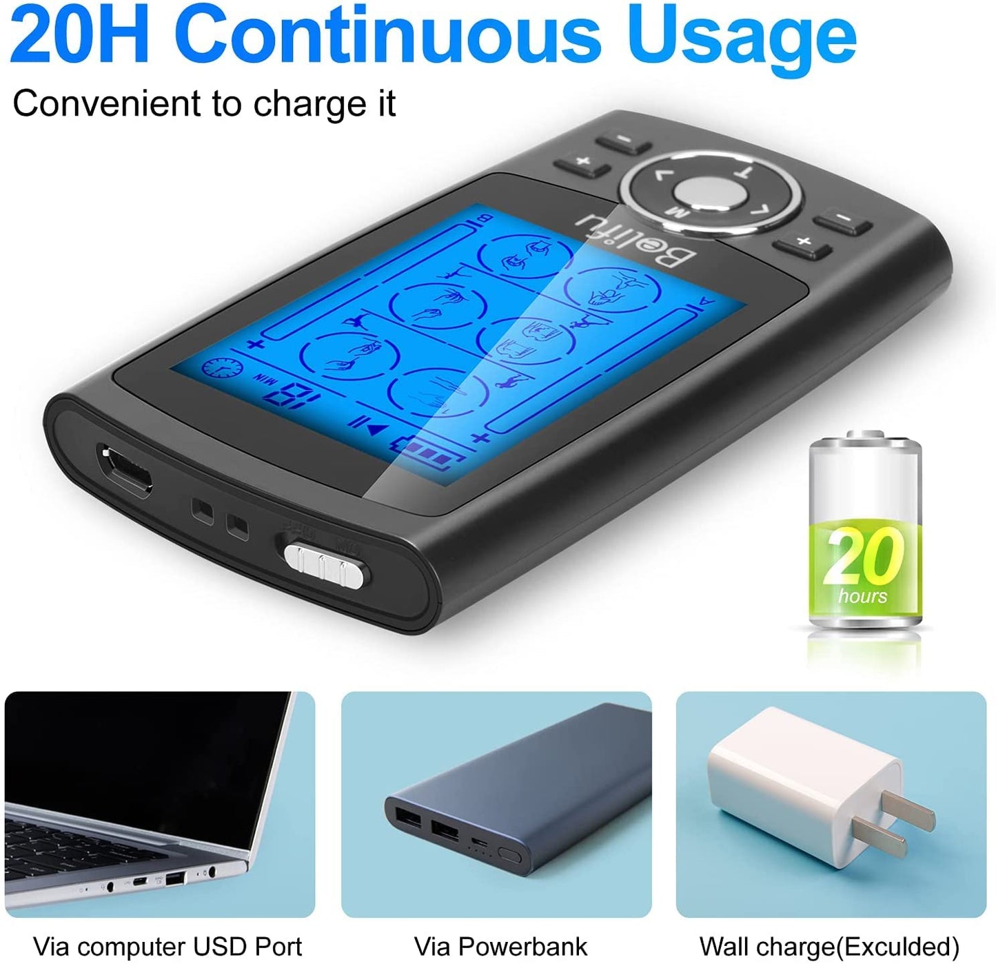 Belifu Dual Channel TENS EMS Unit 24 Modes Muscle Stimulator for Pain Relief Therapy