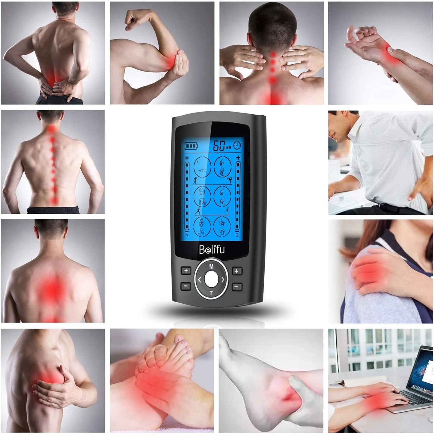 Belifu Dual Channel TENS EMS Unit 24 Modes Muscle Stimulator for Pain Relief Therapy